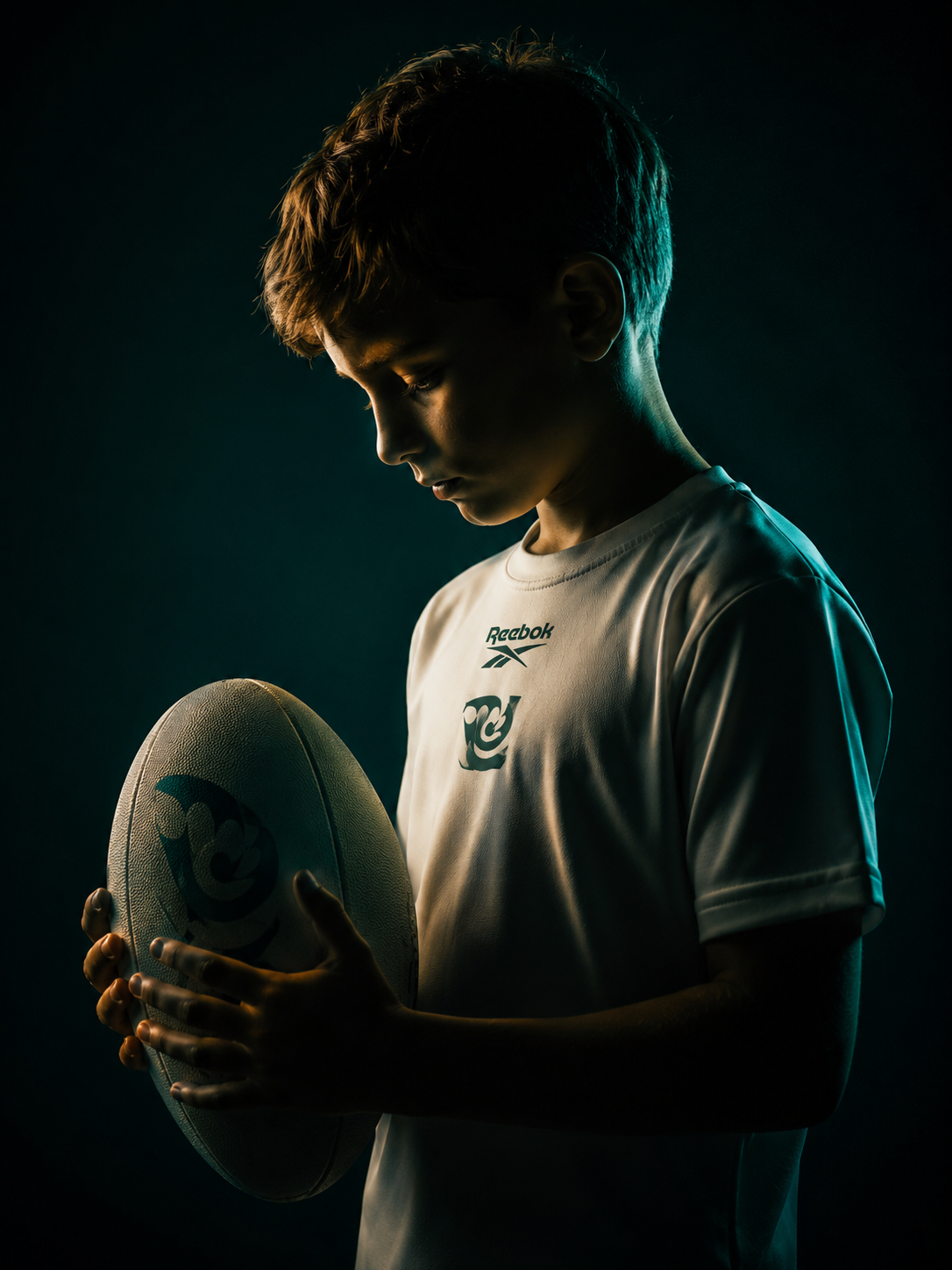 Young rugby player holding a ball in dramatic teal and gold lighting