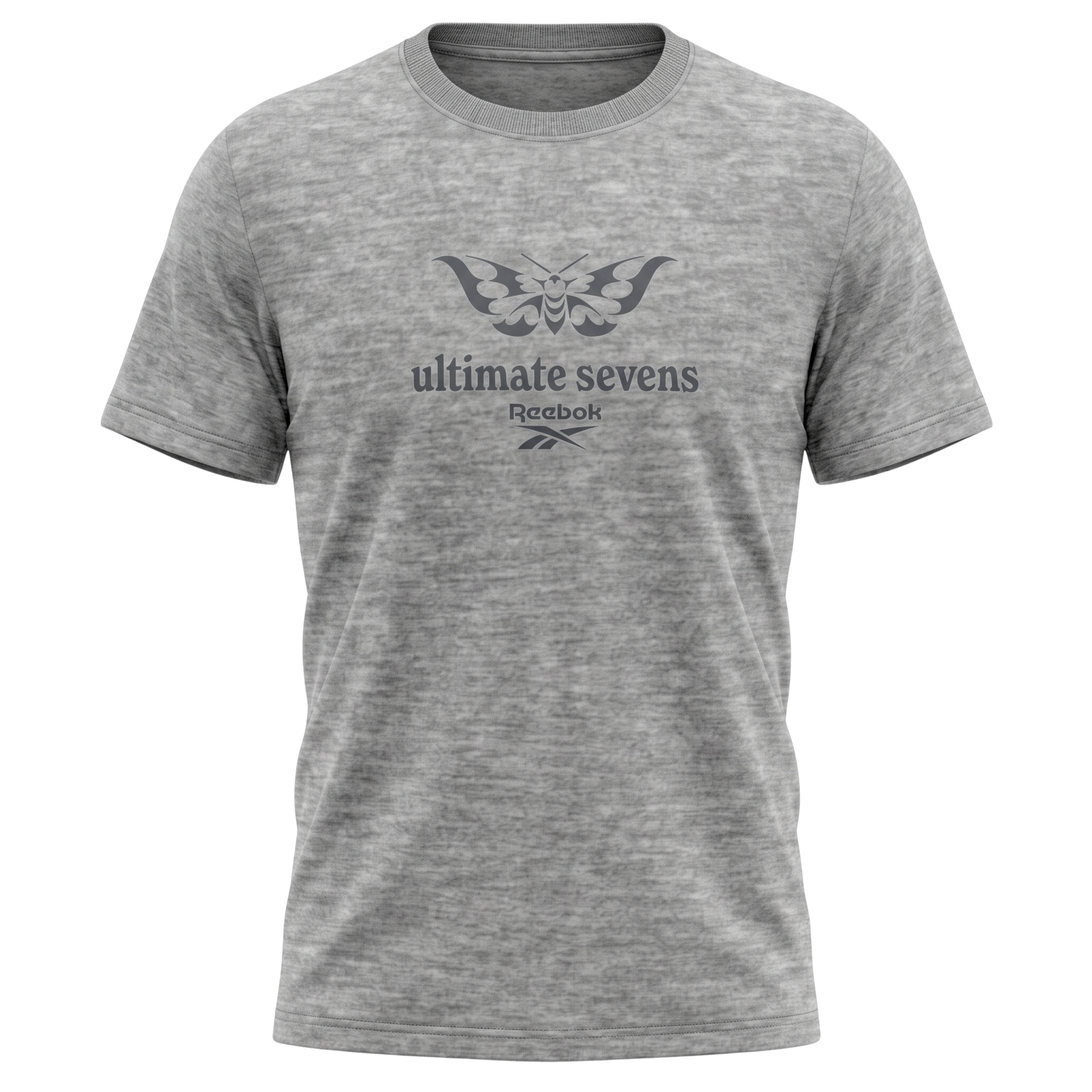 Gray heather T-shirt with “ultimate sevens” logo printed on the chest