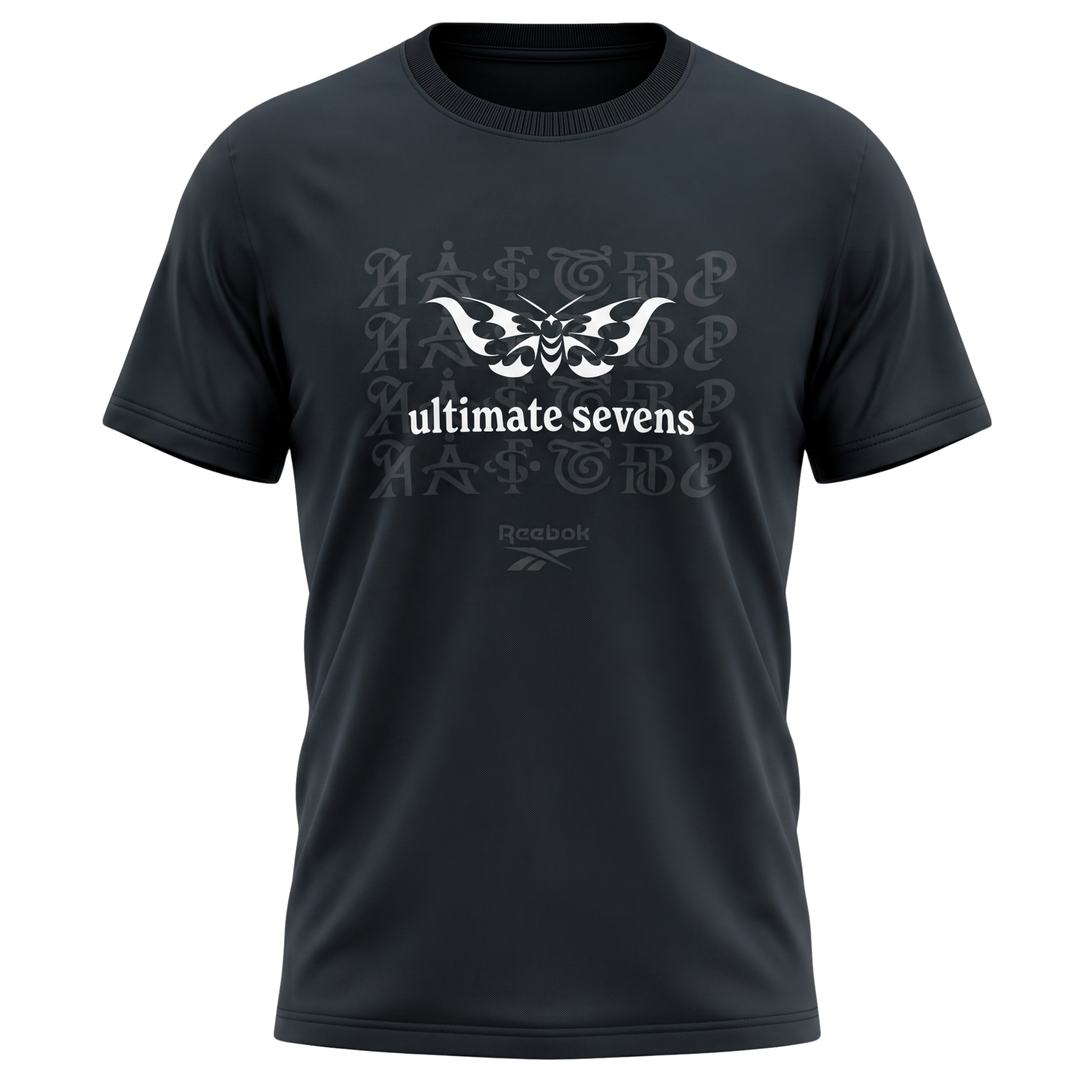 Black T-shirt with “ultimate sevens” logo printed on the chest