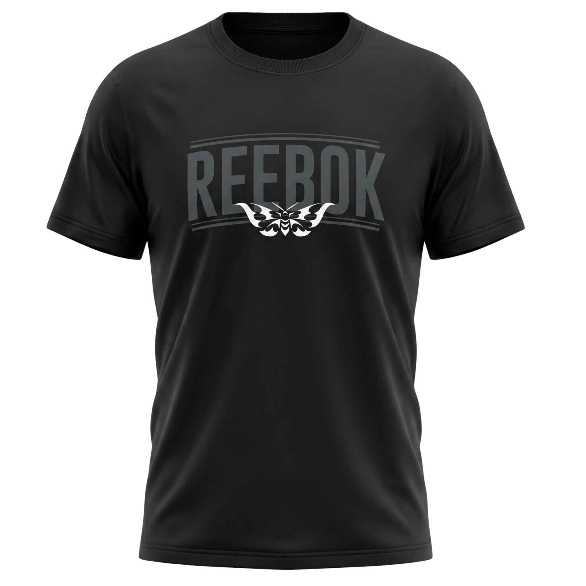 Black Reebok logo T-shirt with gray text and wing graphic on the chest