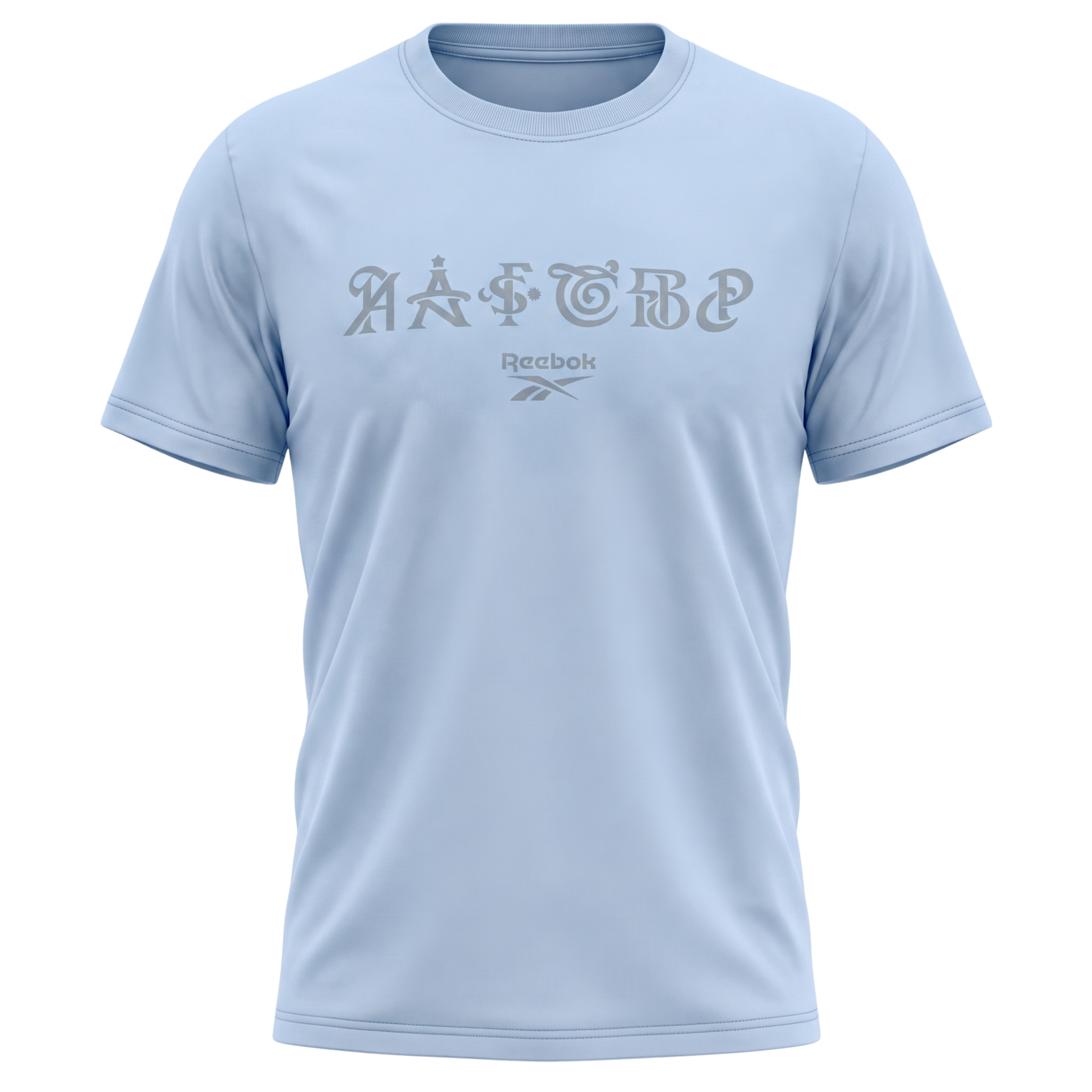 Light blue Reebok T-shirt with stylized logo across the chest