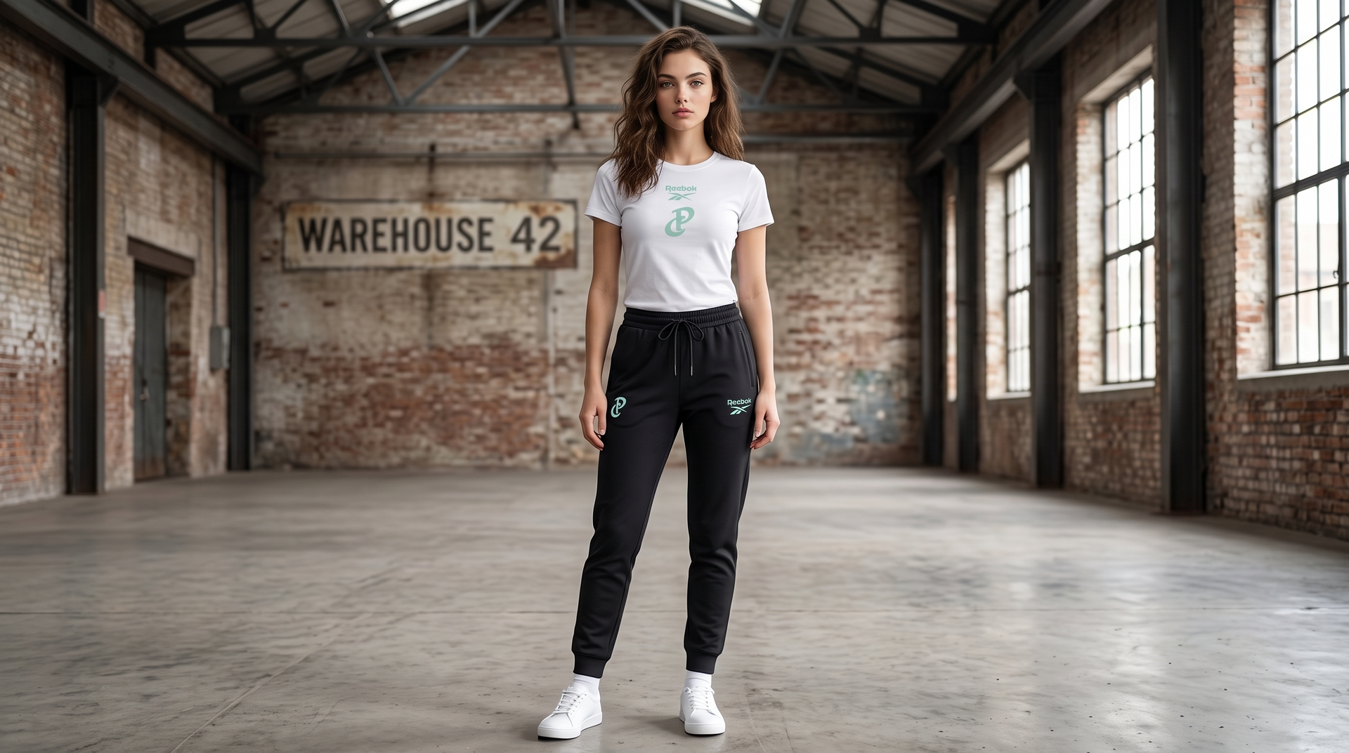 Woman standing in an industrial warehouse with a concrete floor and large windows, wearing a white T-shirt and black pants.