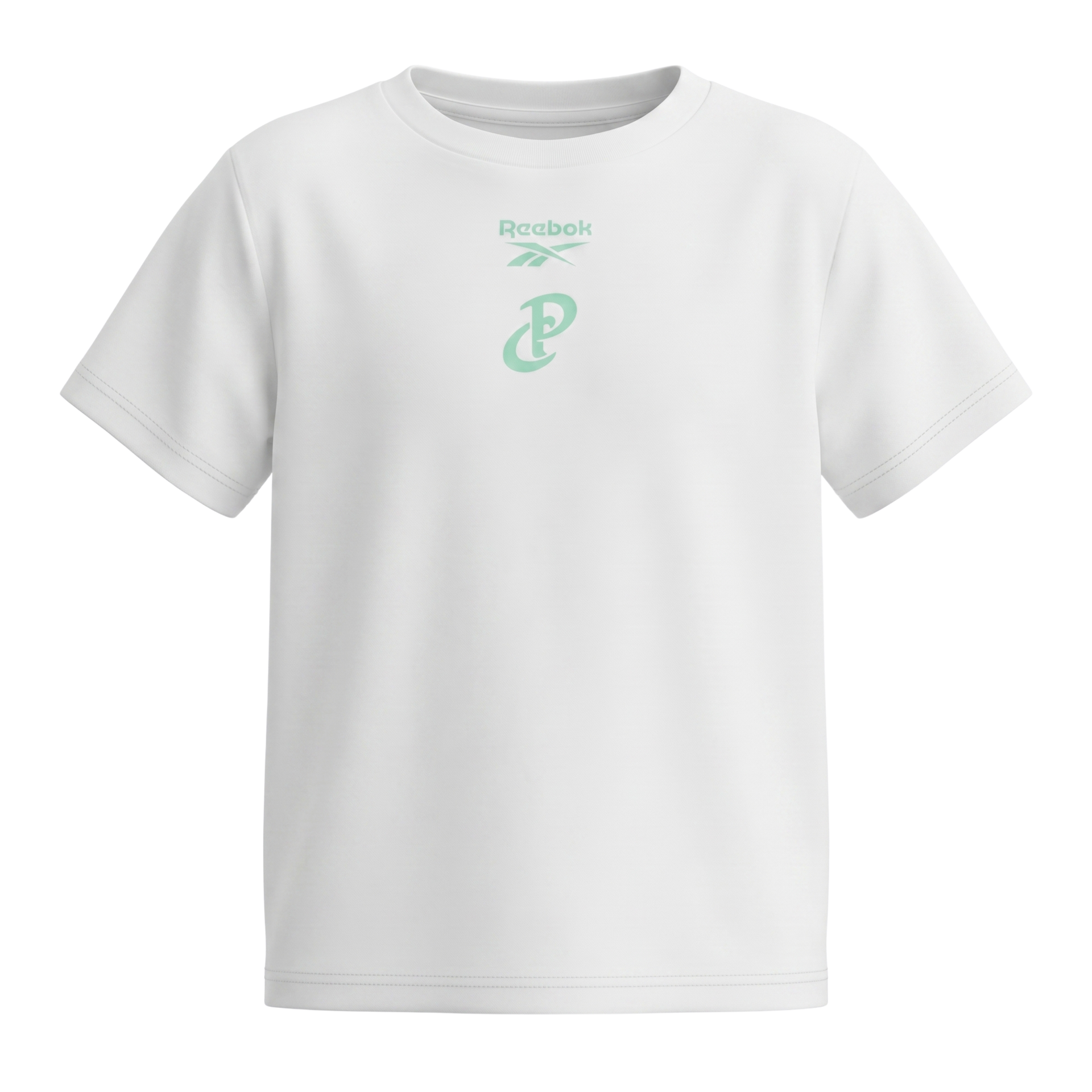 White T-shirt with a small mint green logo centered on the chest.