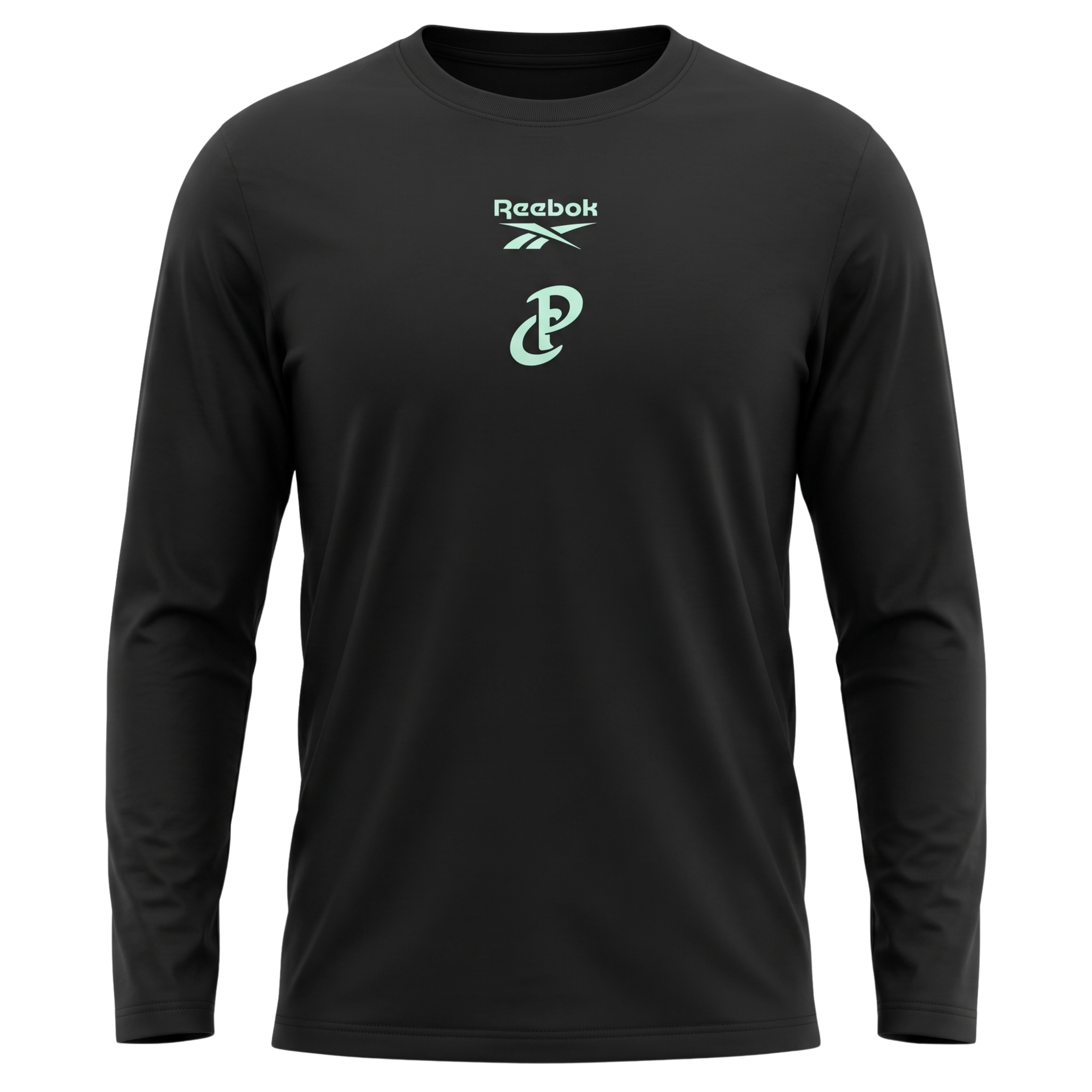 Black long-sleeve shirt with small mint-green logo centered on the chest