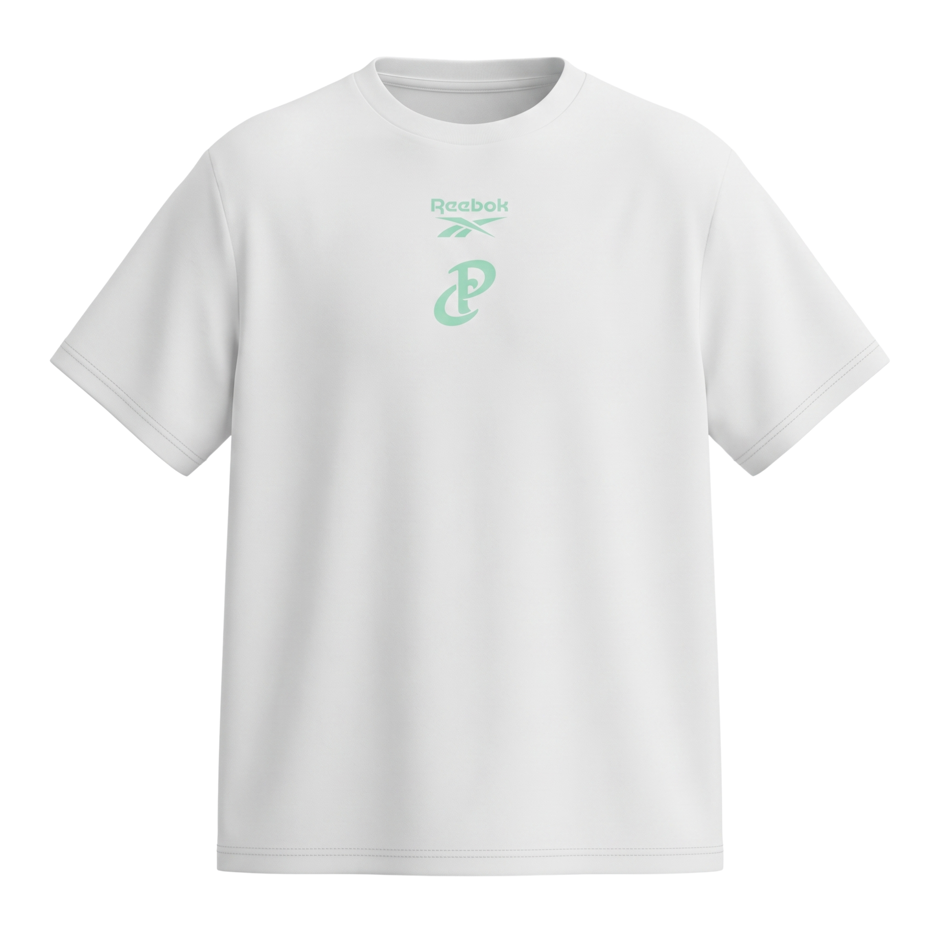 White Reebok T-shirt with small mint green logo on the chest