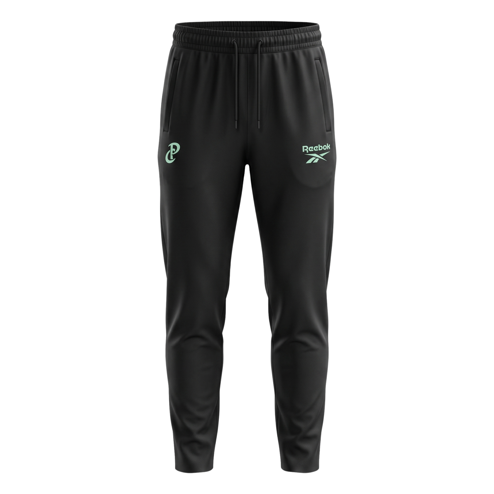 Black jogger sweatpants with mint-green graphics and elastic cuffs on a white background