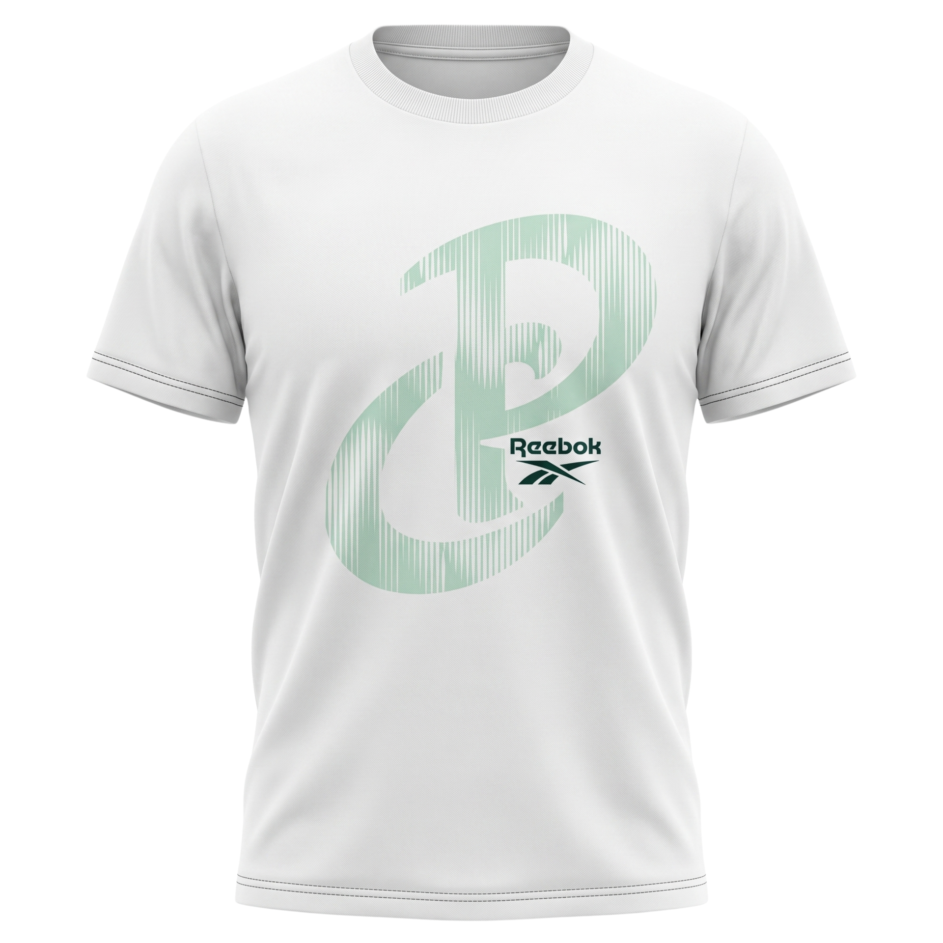 White Reebok T-shirt with large pale green logo graphic on the front