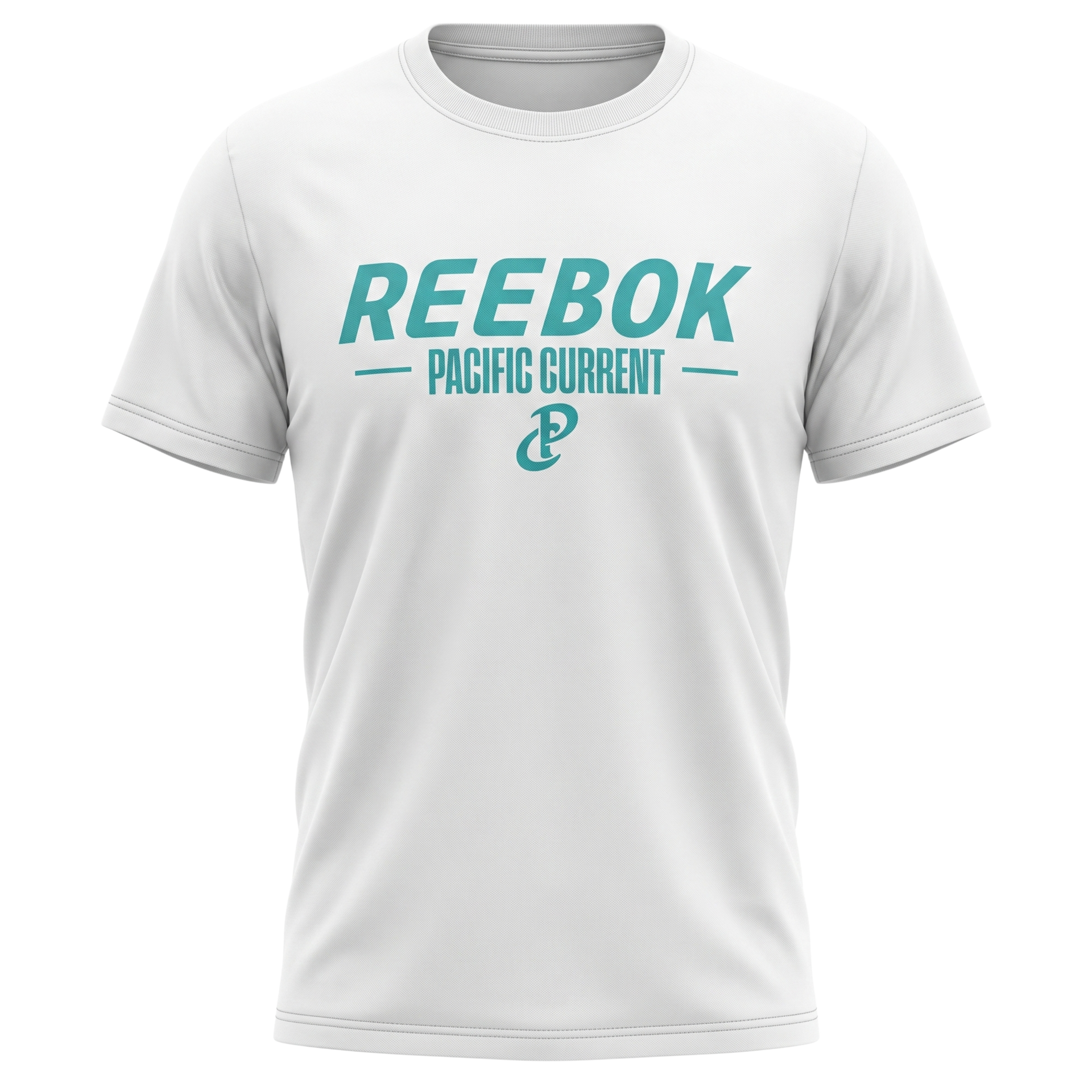 White Reebok Pacific Current T-shirt with teal logo and text on the front
