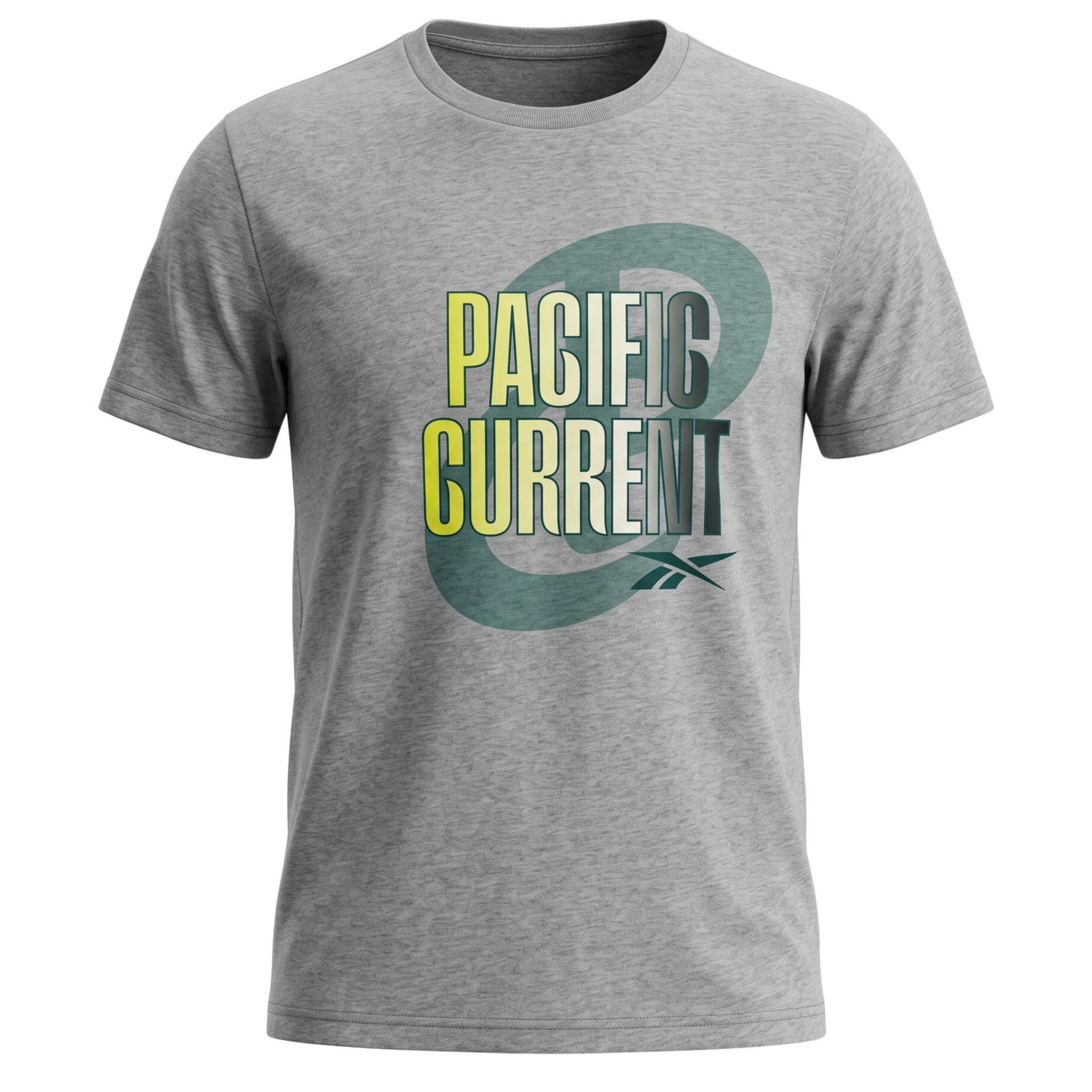 Gray T-shirt with “PACIFIC CURRENT” text in yellow and teal
