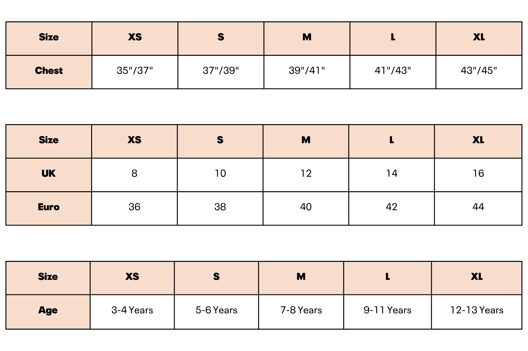 Size chart table showing chest, UK, Euro, and age measurements for XS to XL.