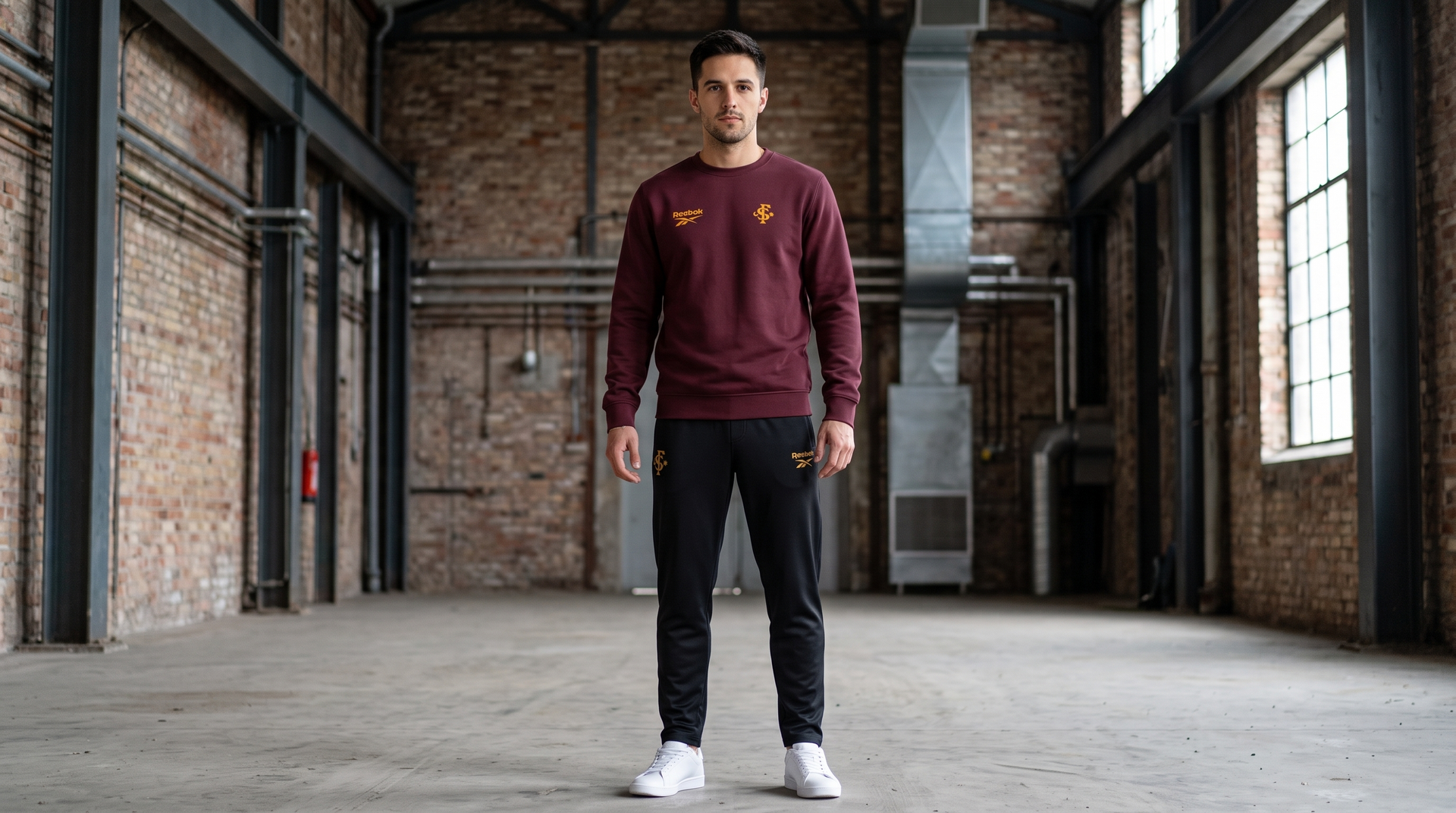 Man standing in a brick warehouse, wearing a maroon sweatshirt, black pants, and white sneakers.