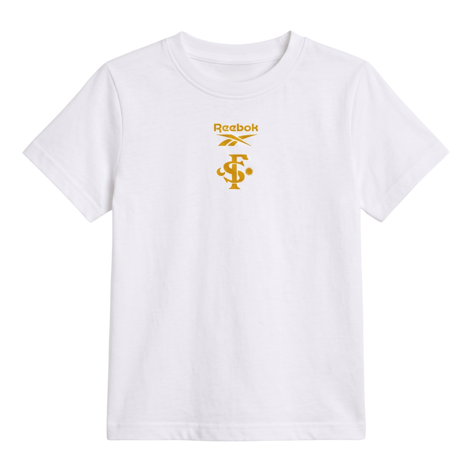 White Reebok T-shirt with small gold logo centered on the chest