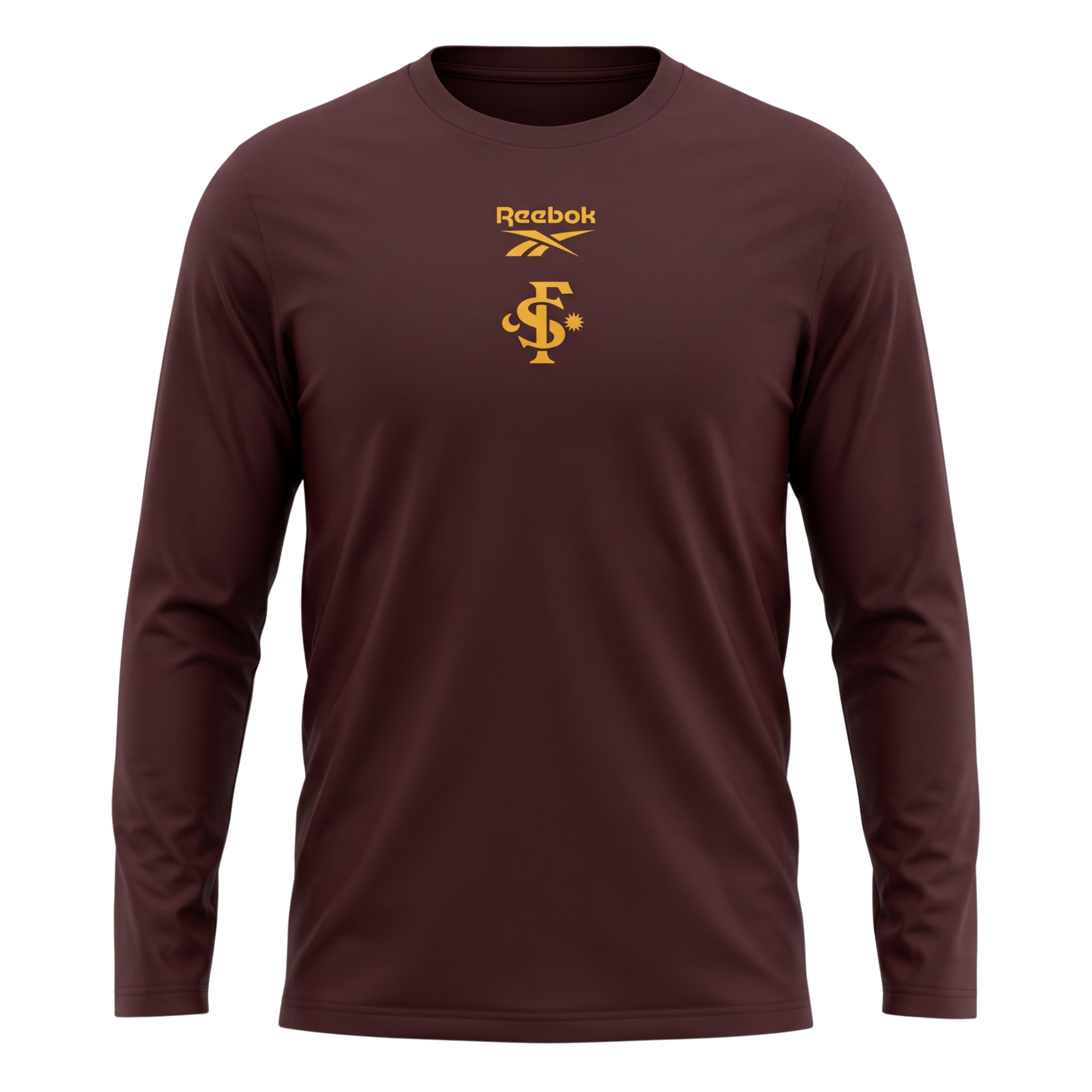 Maroon long-sleeve Reebok shirt with yellow logo on the chest, shown front view