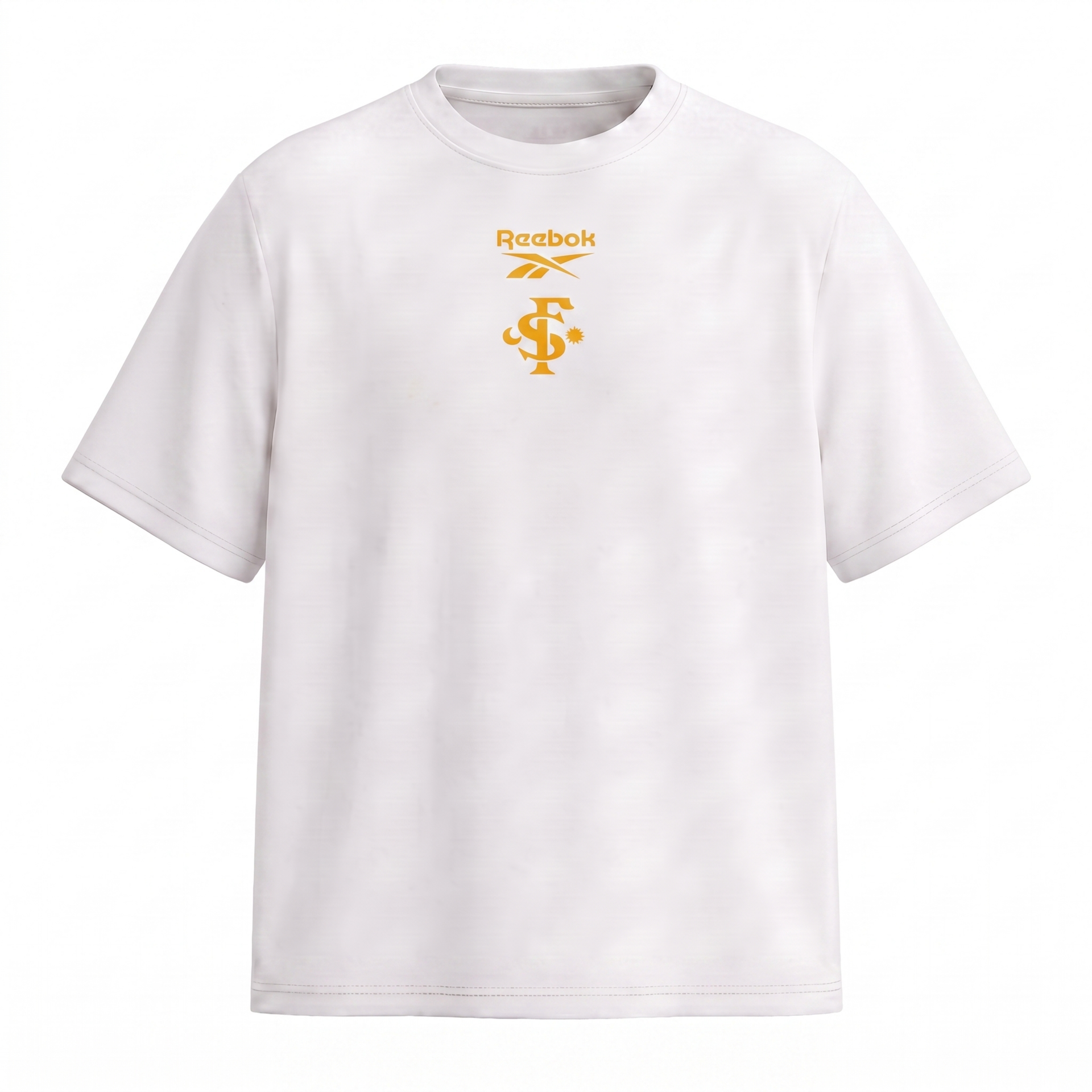 White Reebok T-shirt with small orange logo on the chest