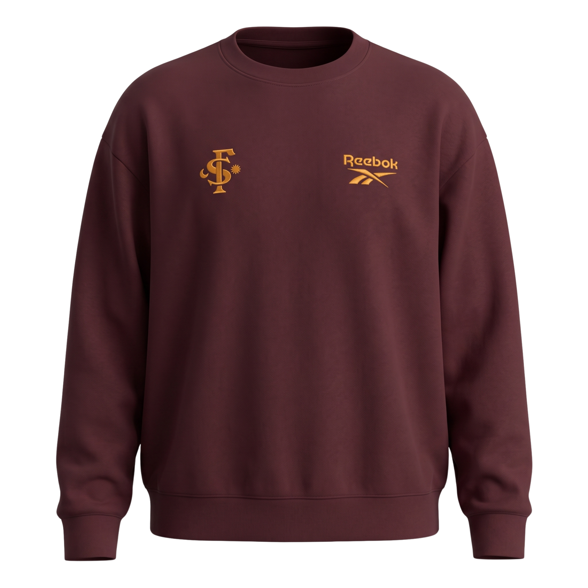Maroon Reebok sweatshirt with gold logo on the chest, shown front view on a white background
