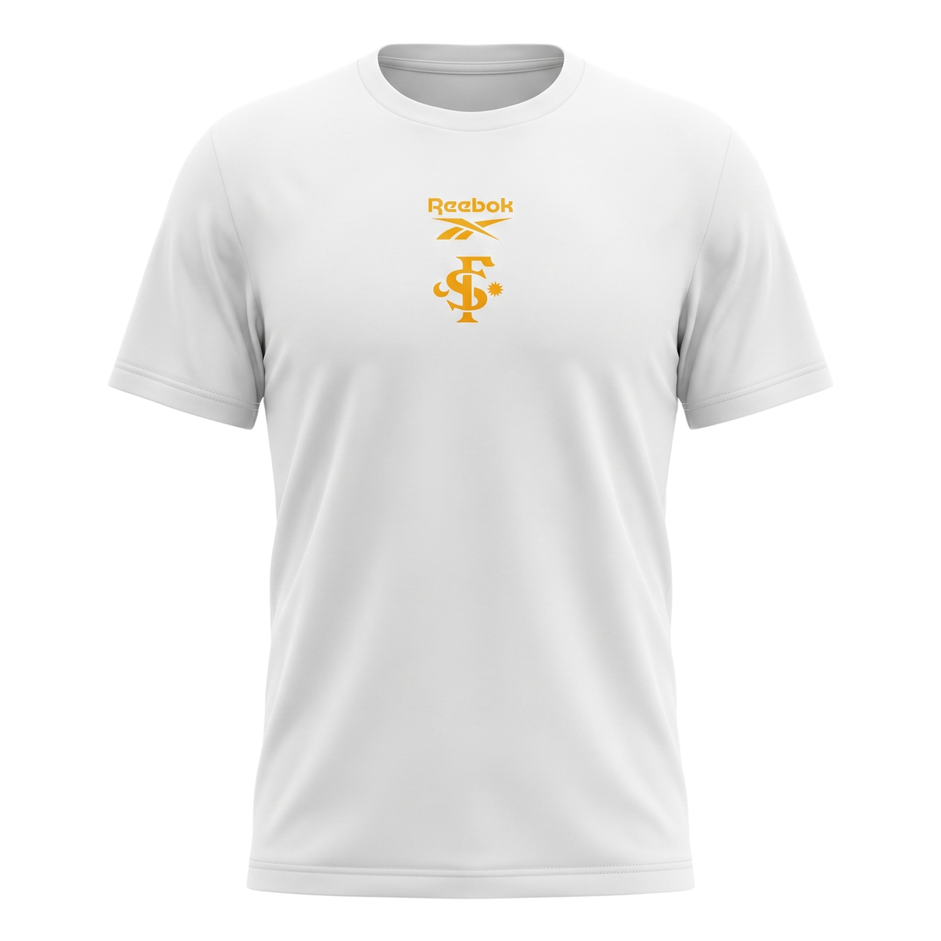 White Reebok t-shirt with small orange logo on the chest