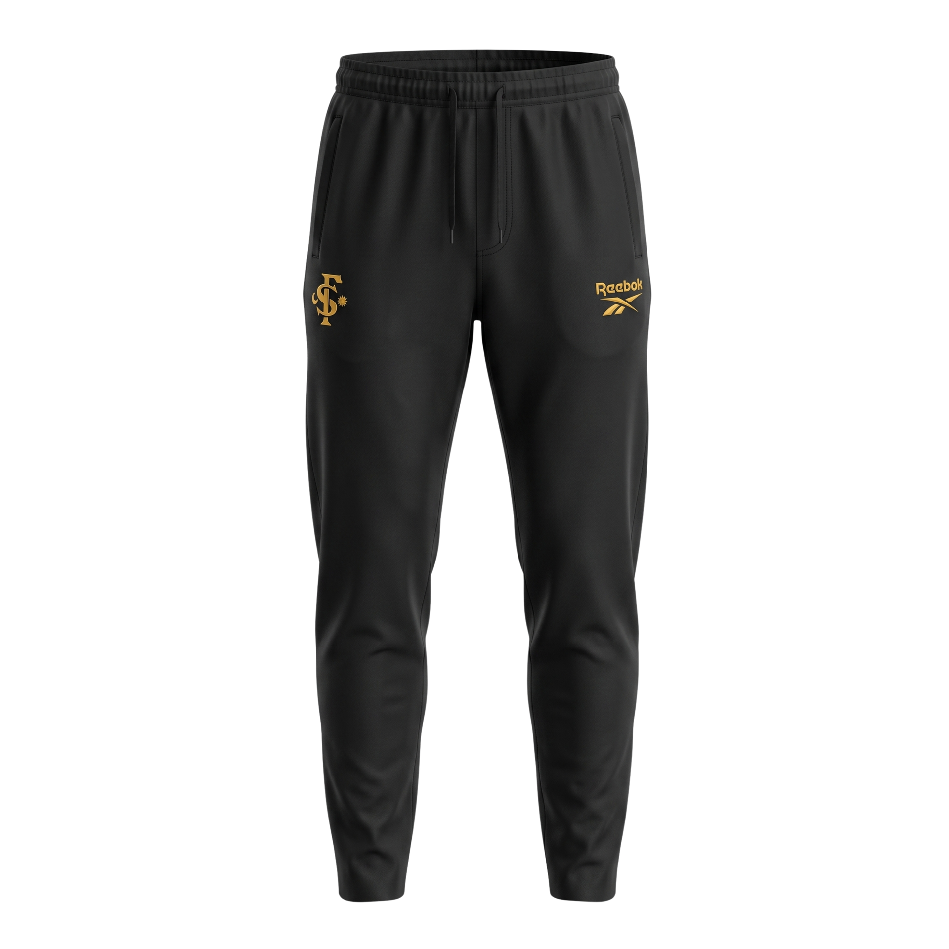 Black jogger pants with yellow logos and elastic cuffs on a white background