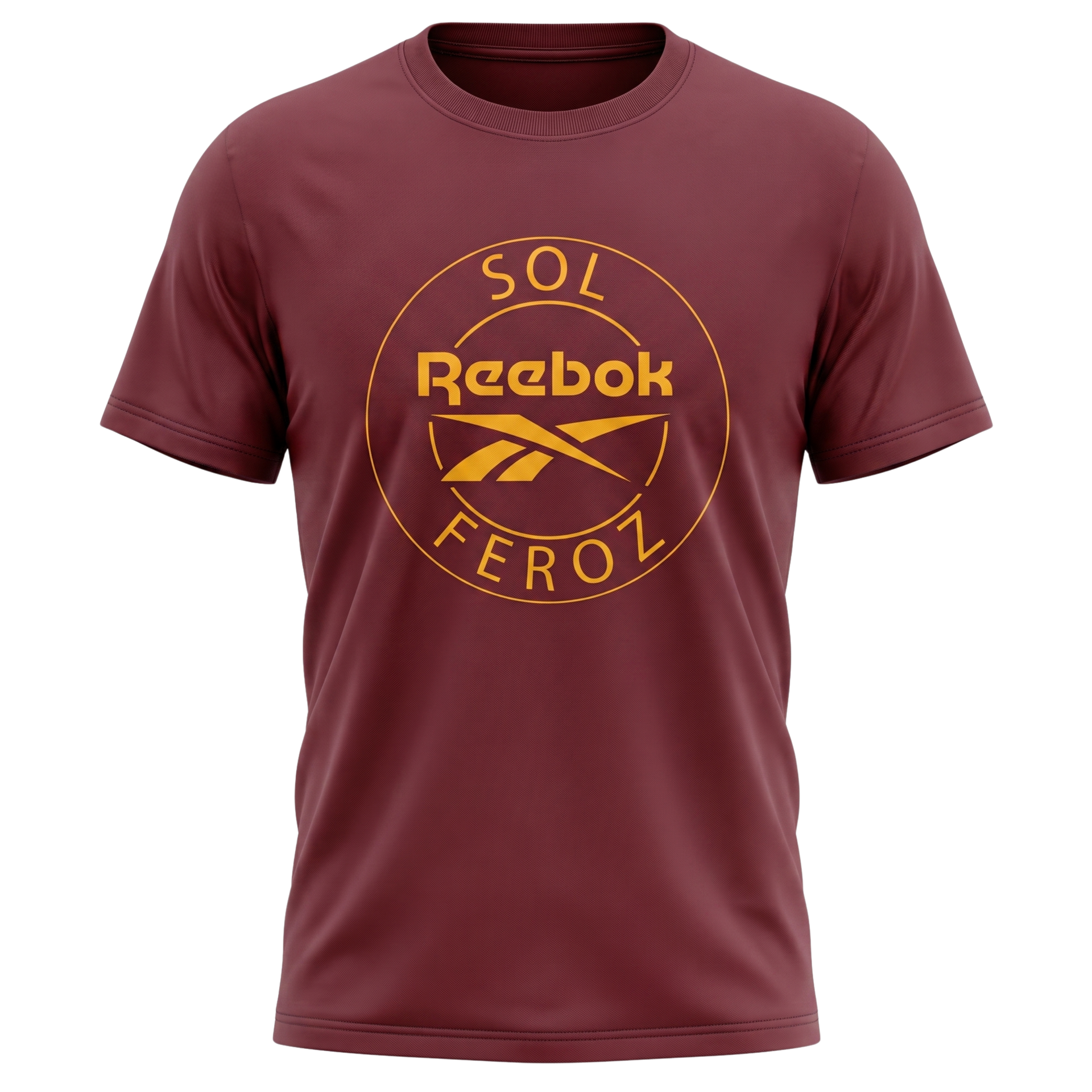 Maroon Reebok T-shirt with yellow “Sol Ferrol” logo graphic on the chest