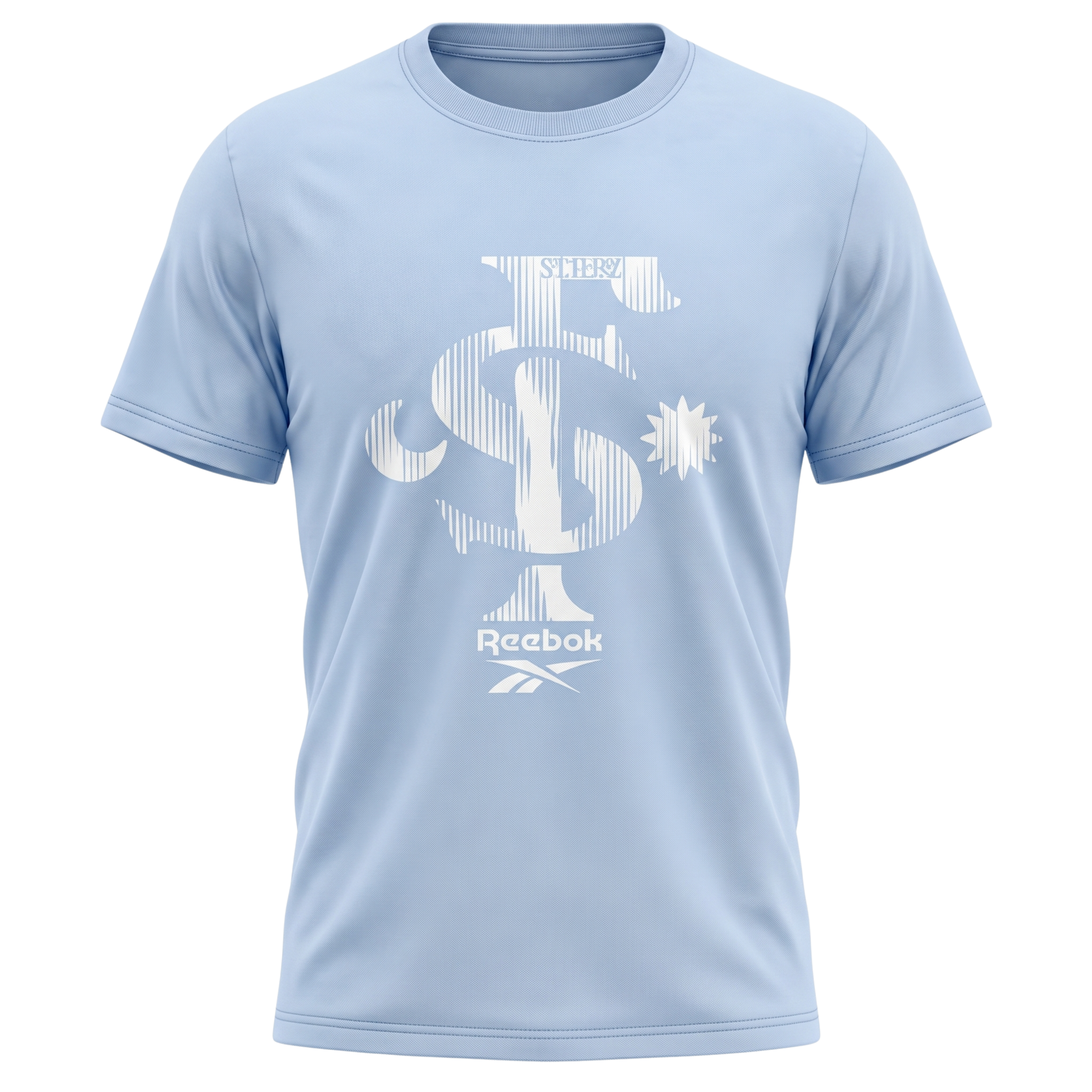 Light blue Reebok T-shirt with large white logo graphic on the front
