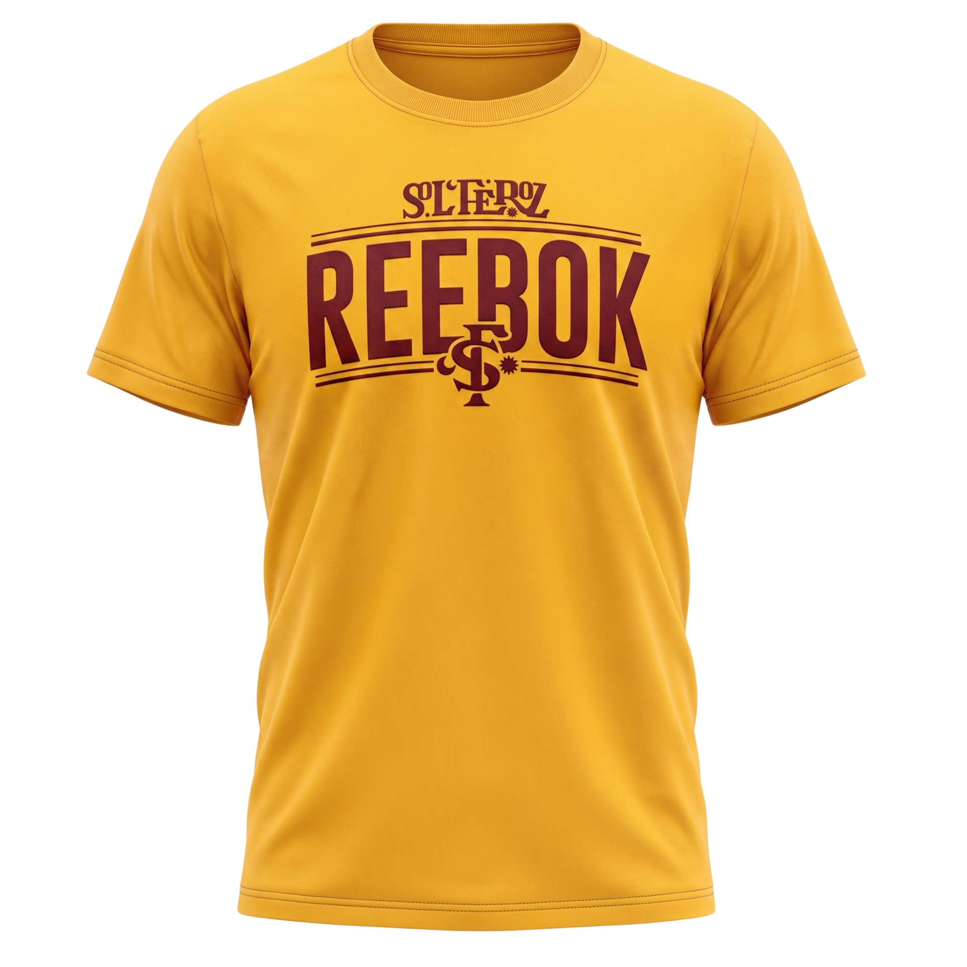 Yellow Reebok T-shirt with maroon graphic logo on the front