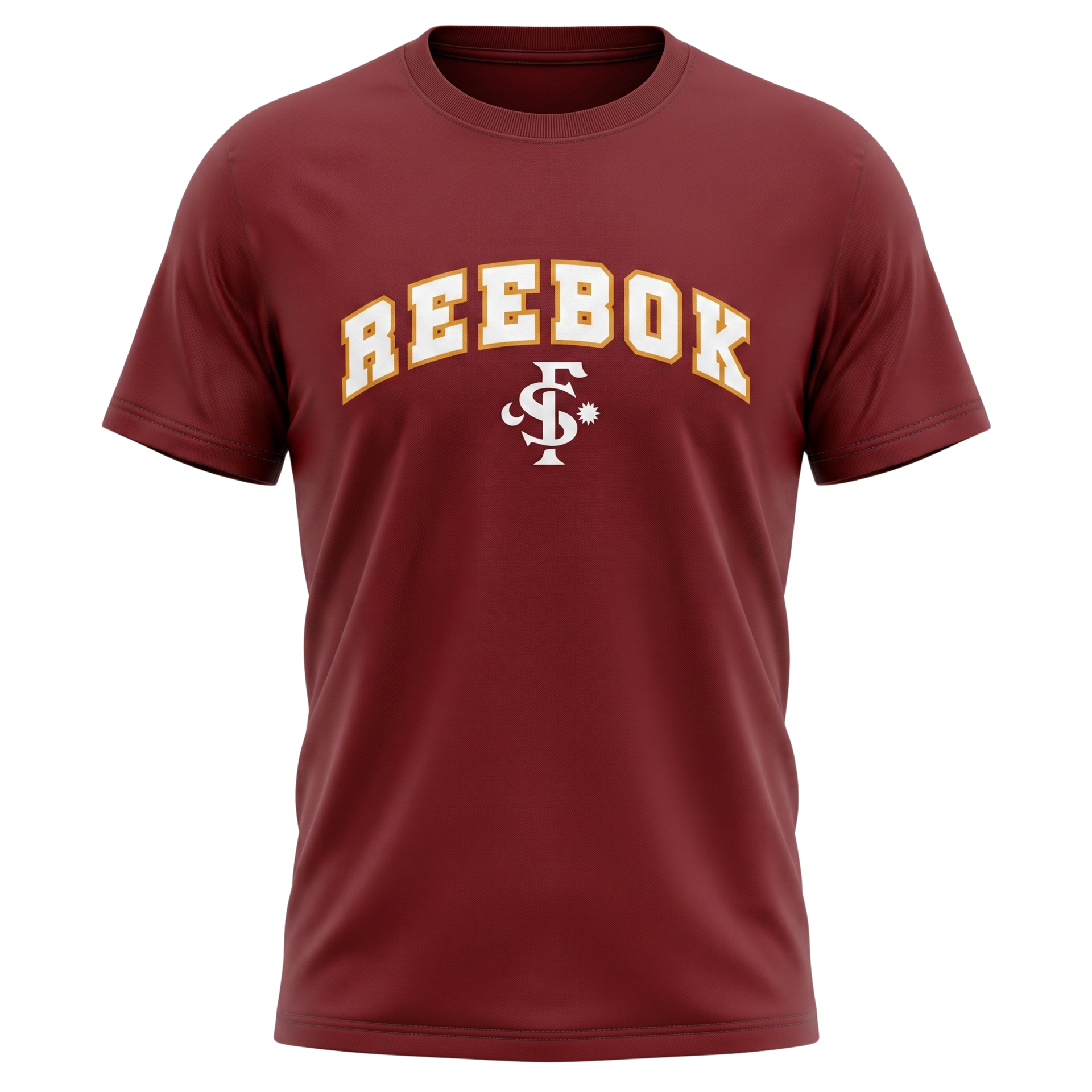 Maroon Reebok T-shirt with cream logo and graphic on the chest, displayed on a plain background