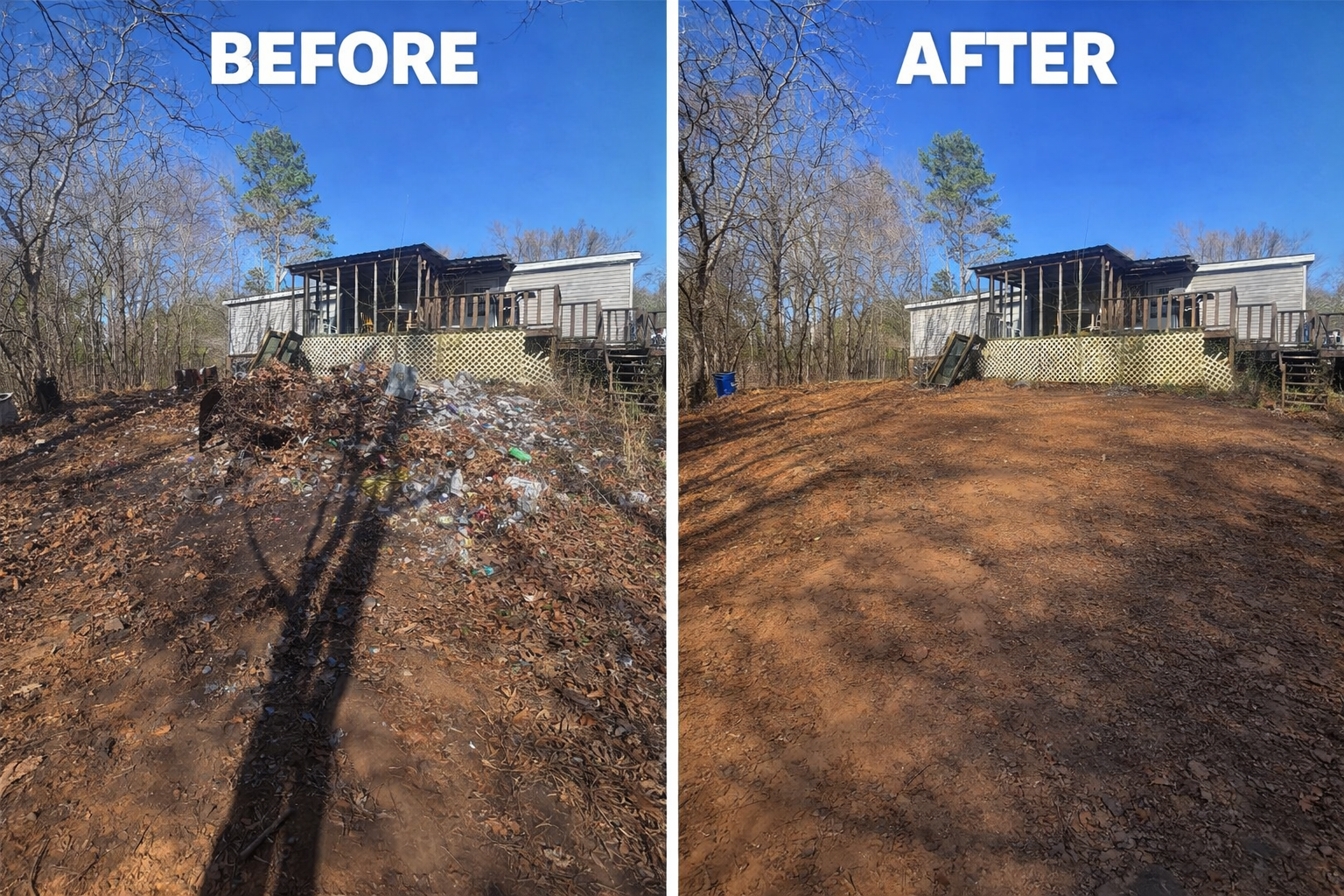 Before and after photos showing a debris-covered yard cleared and cleaned in front of a house.