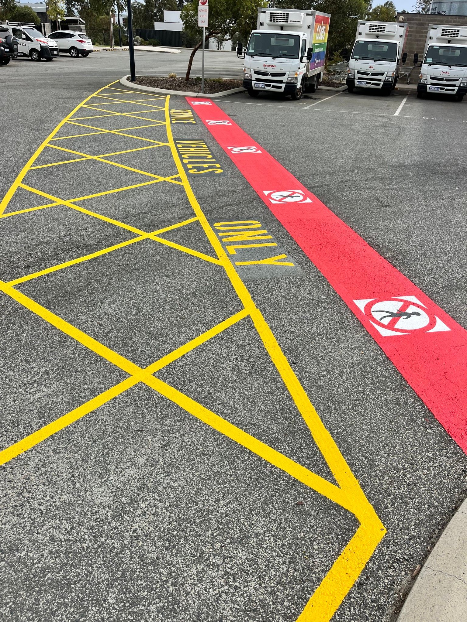 Yellow and red painted road markings in a parking lot, including a no-stopping zone and a zone with a no-dogs symbol.