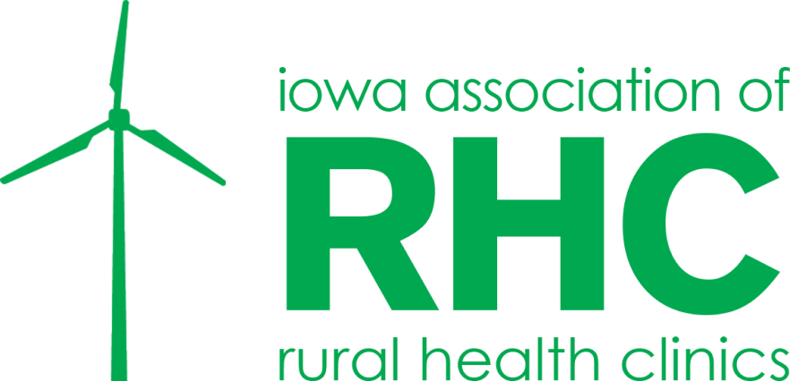 Iowa Association of Rural Health Clinics logo with windmill as a visual next to blocked green lettering