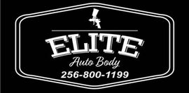 Black sign for Elite Auto Body with white text and phone number 256-800-1199