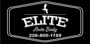 Black sign for Elite Auto Body with white text and phone number 256-800-1199