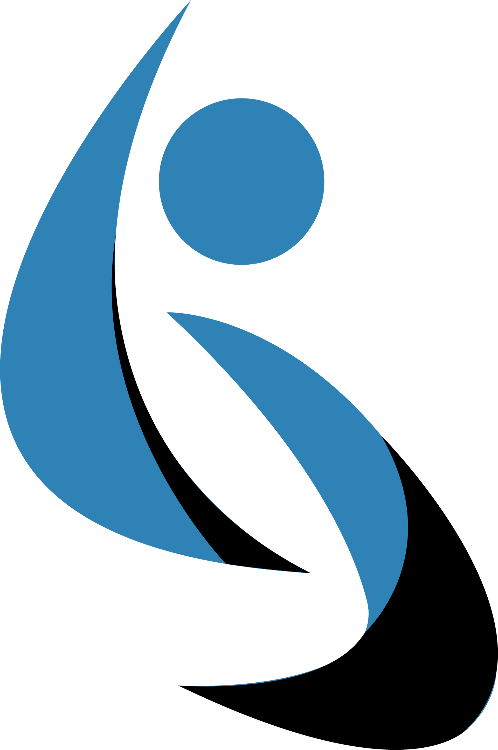 Abstract blue and black human figure logo with sweeping curves on a white background