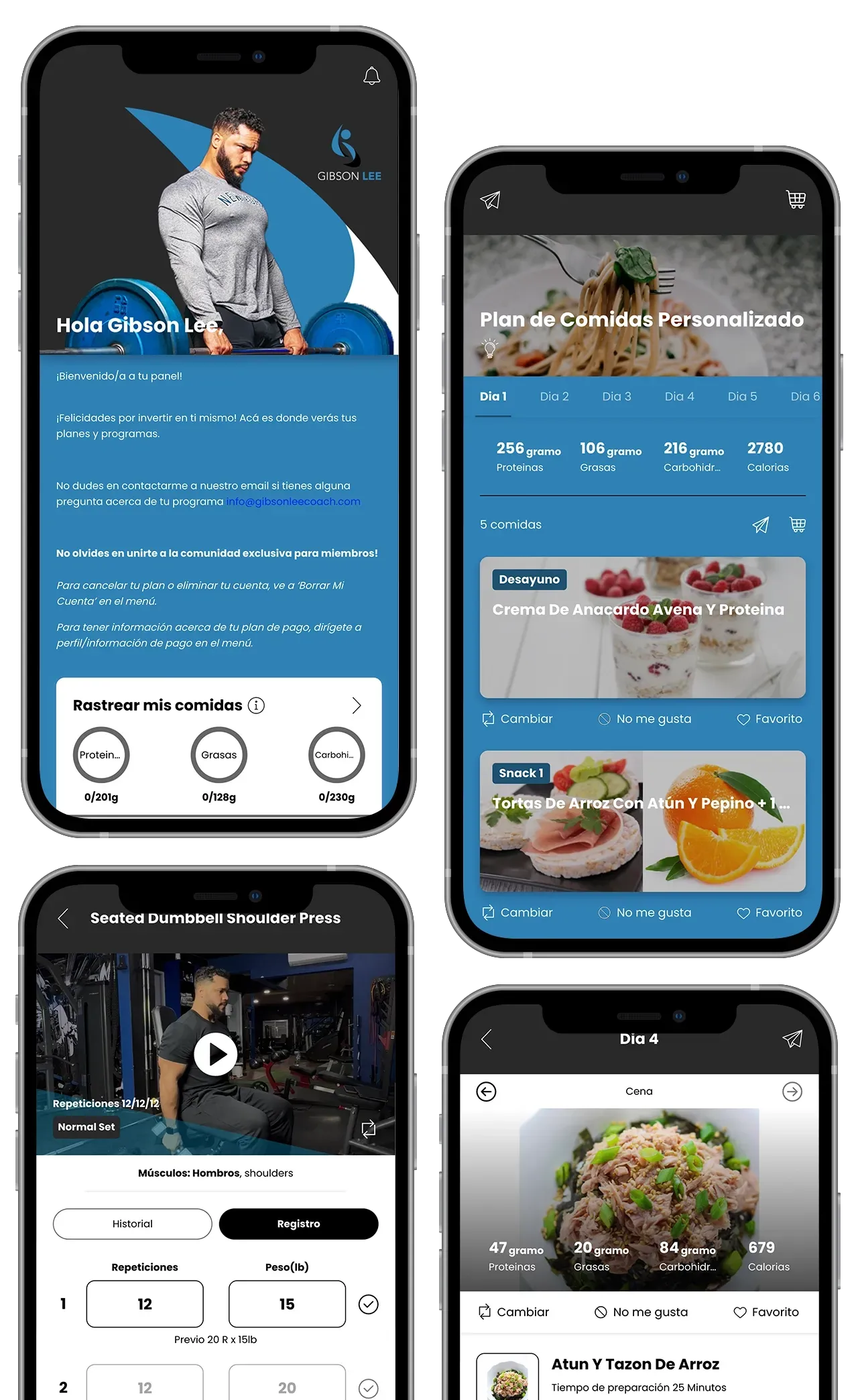 Collage of four smartphone app screens showing blue-themed profiles, menus, and food/dessert listings