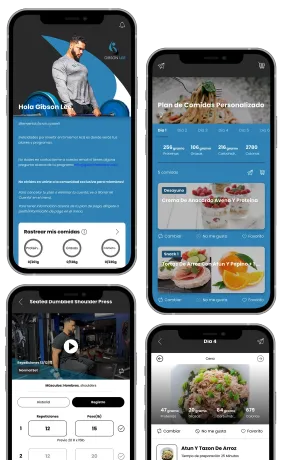 Collage of four smartphone app screens showing blue-themed profiles, menus, and food/dessert listings