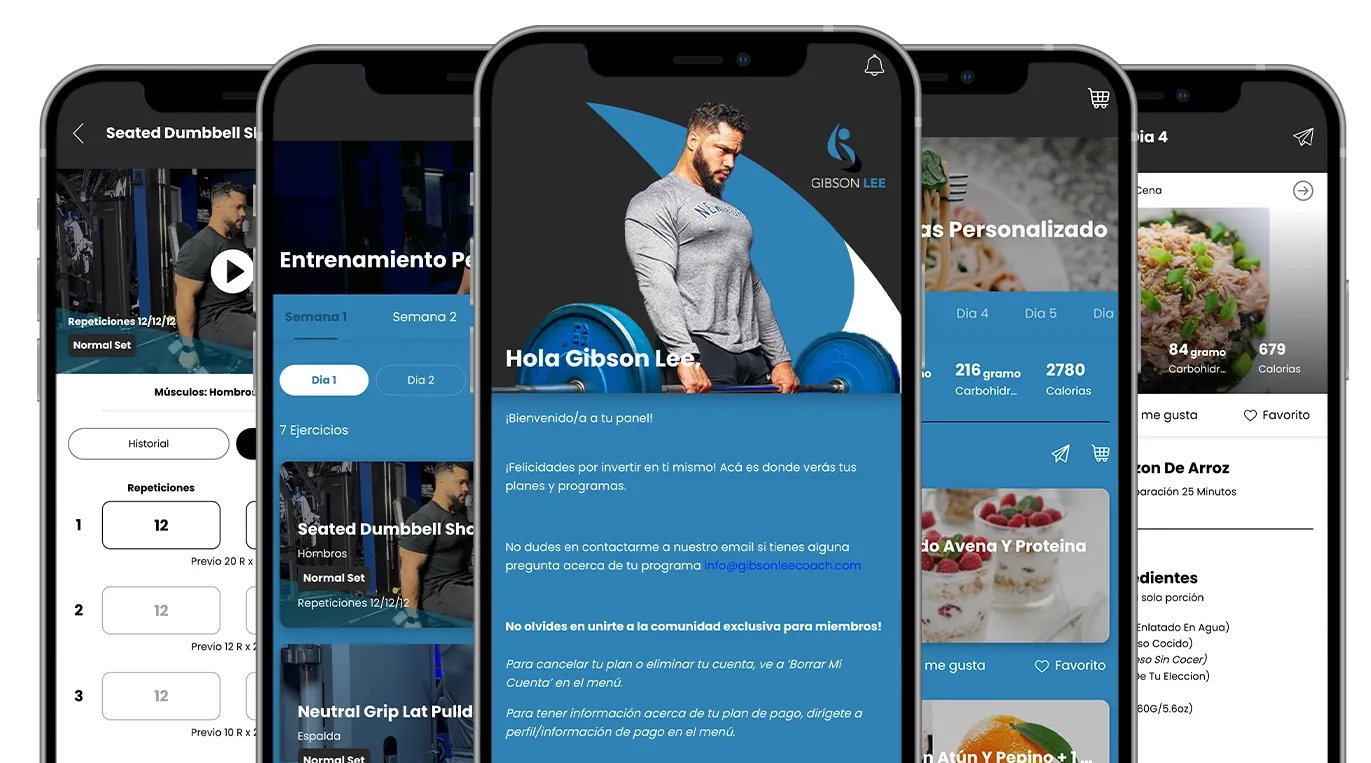 Overlapping smartphone screens showing a blue mobile app interface with photos and text.