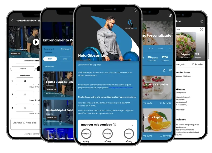 Overlapping smartphone screens showing a blue mobile app interface with photos and text.