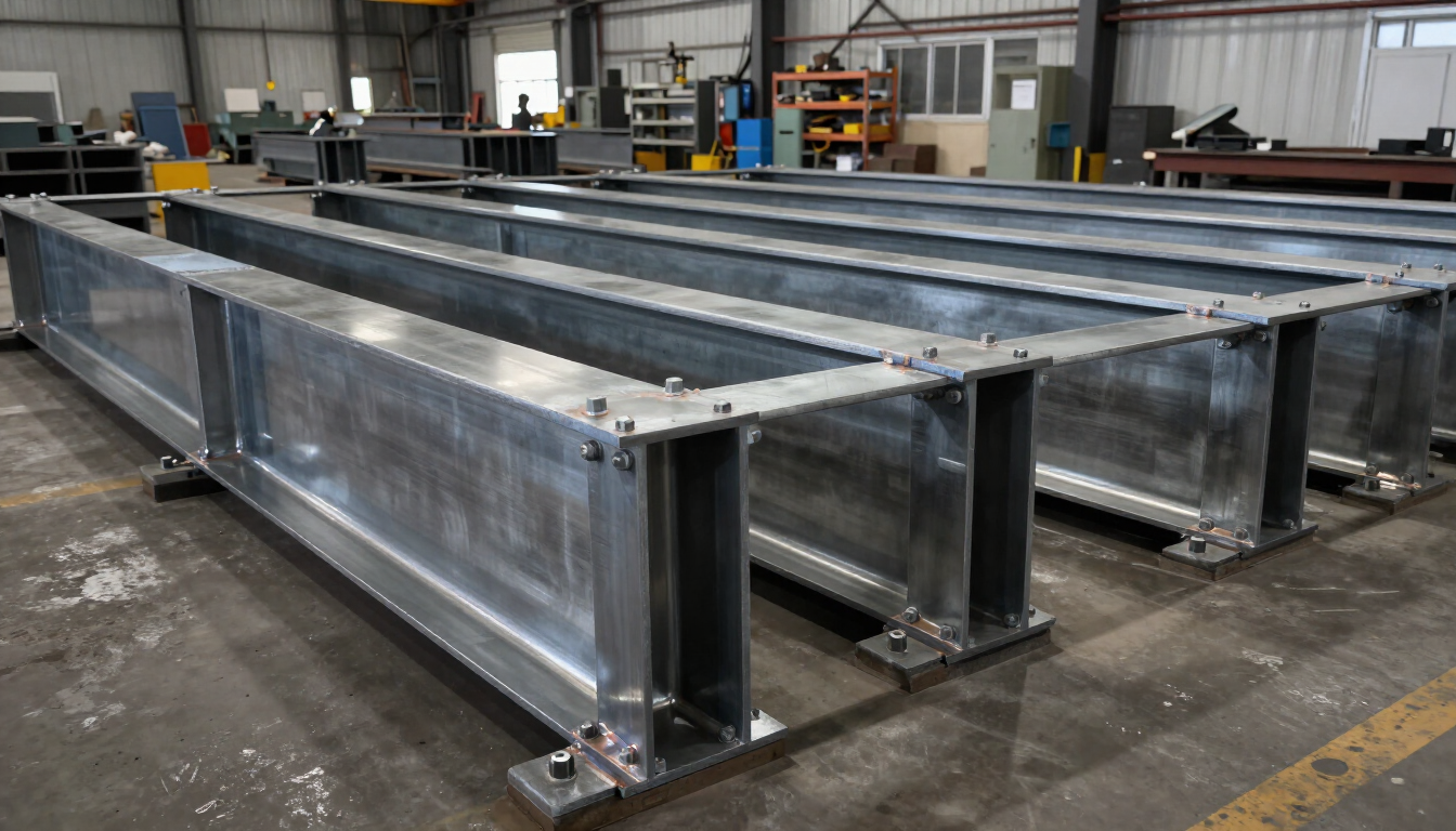 Large galvanized steel frame structures in an industrial workshop with concrete floor and equipment nearby
