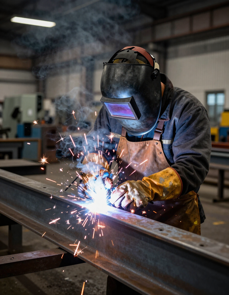 Welder in protective gear welding a metal beam, sparks flying in an industrial workshop.