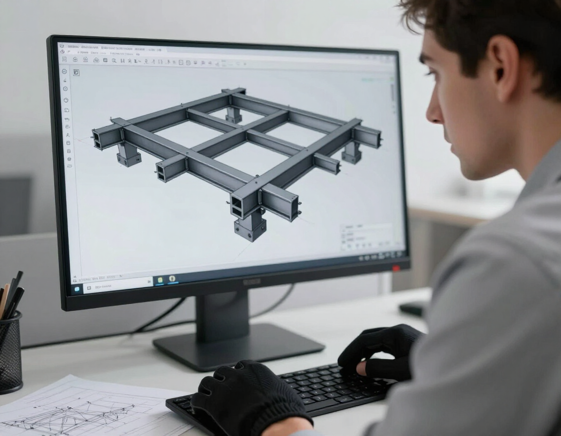 Person viewing a 3D structural model on a desktop monitor in an office setting