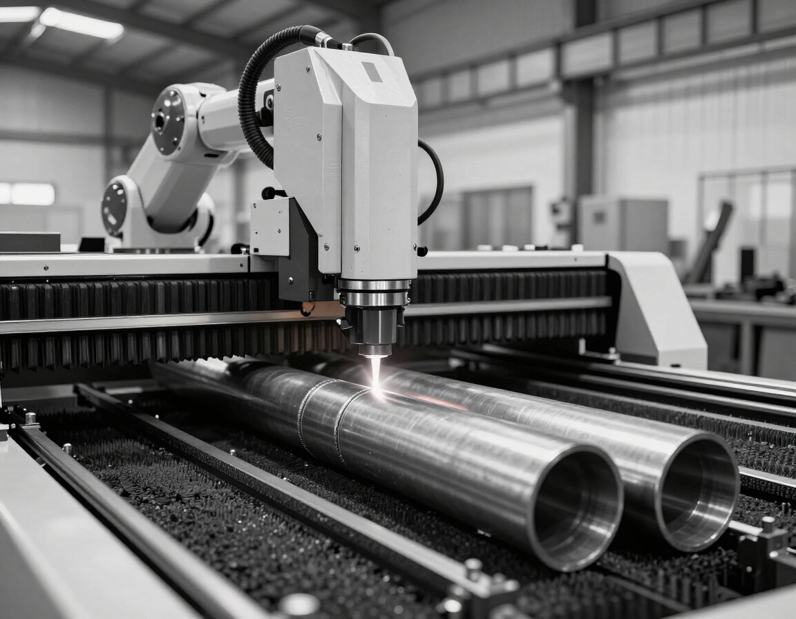 Robot welding metal pipes in an industrial factory setting