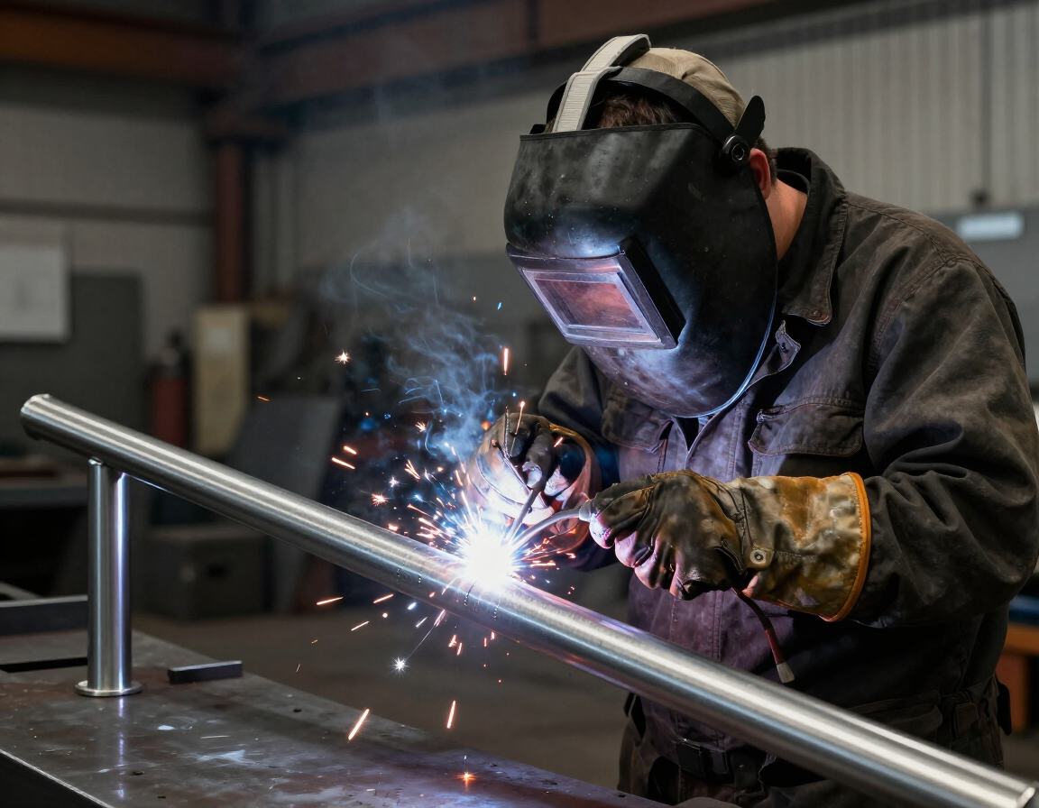 Welder in protective gear welding a metal pipe, with sparks flying in a workshop