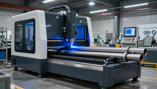 Industrial CNC machine in a workshop, with blue-lit control panel and metal worktable.