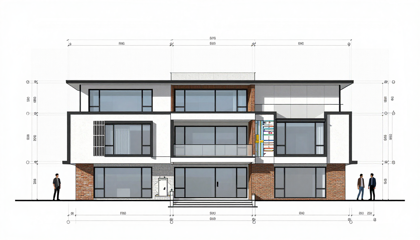 Front elevation of a modern three-story building with gray, black, and wood accents
