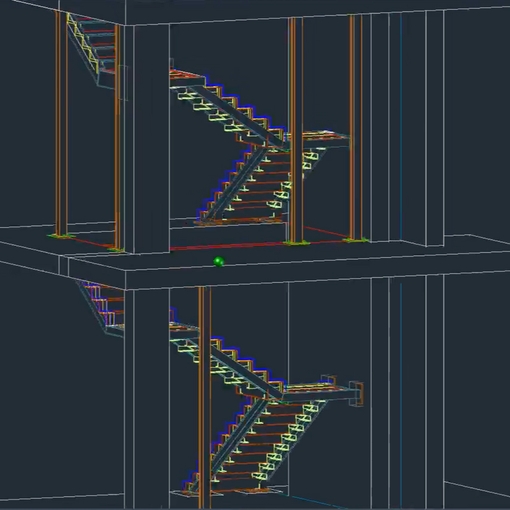 Colorful wireframe 3D staircases in a dark architectural model, shown in two stacked views