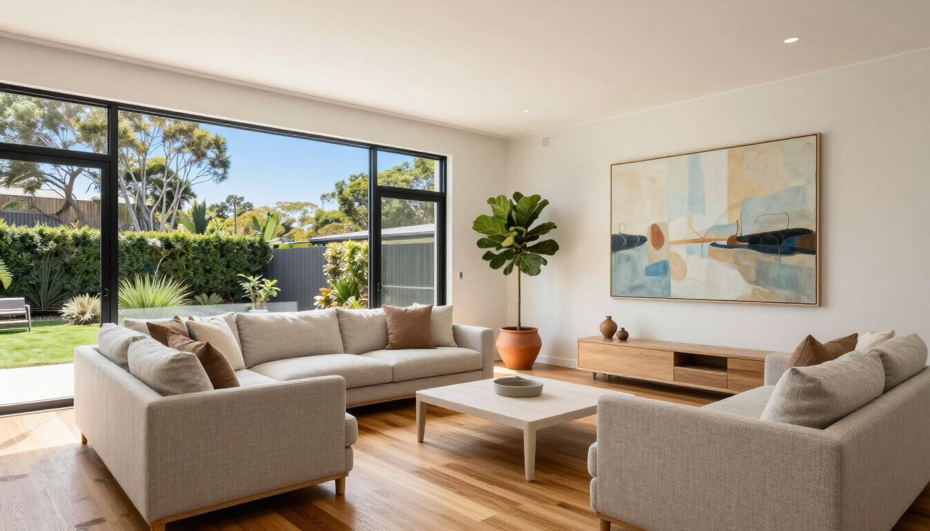 Bright modern living room with beige sofas, wood floor, abstract art, and large windows overlooking a garden