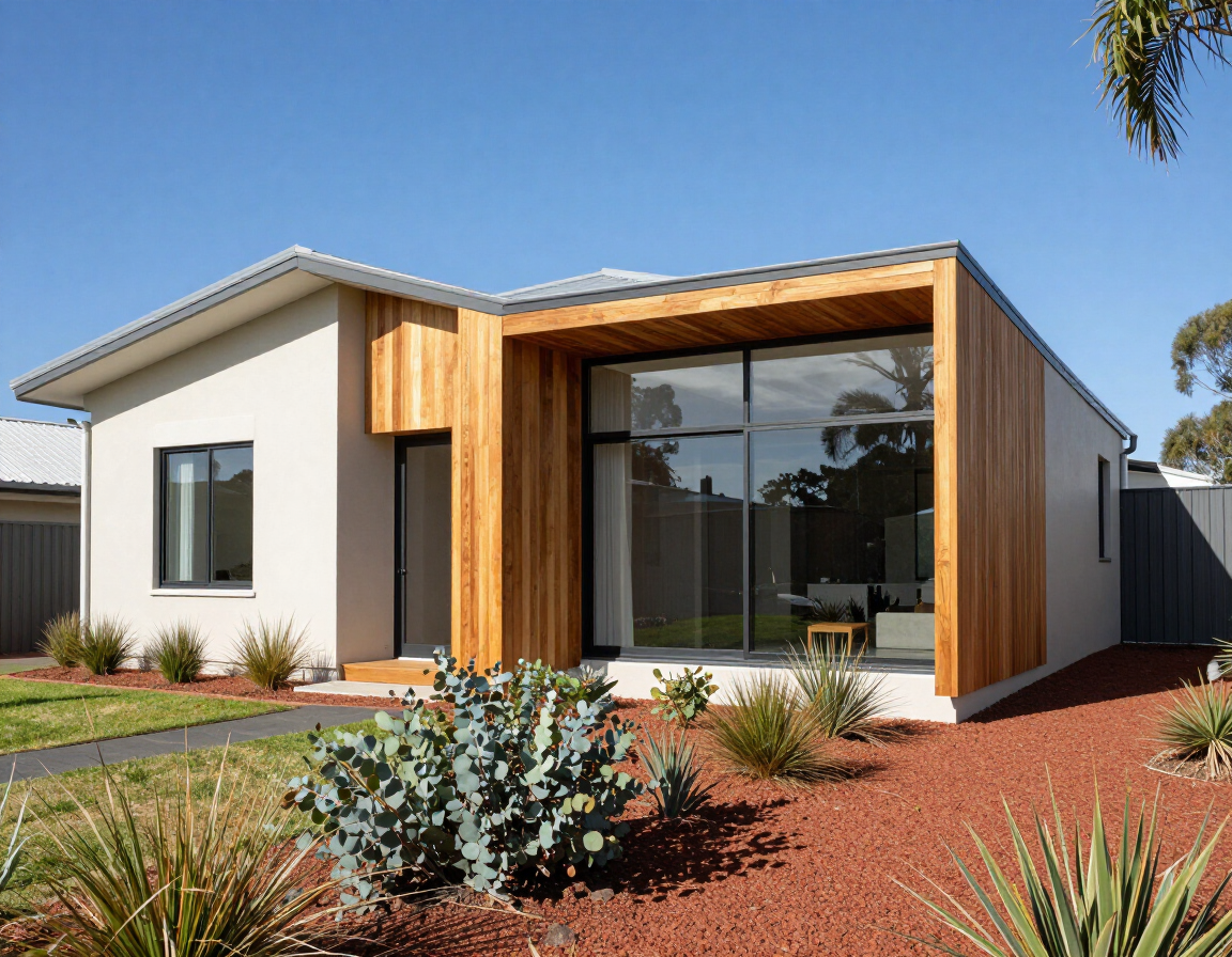 Modern single-story house with white walls, wood accents, and a landscaped red gravel yard under a blue sky