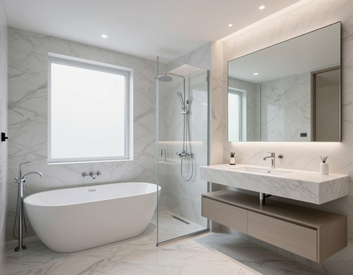 Modern white bathroom with freestanding tub, glass shower, floating vanity, and large mirror