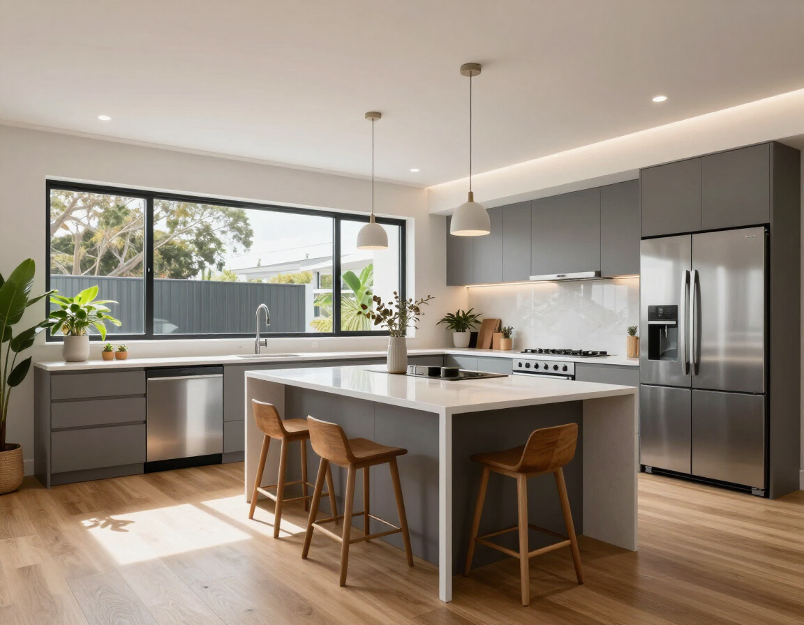 Modern gray kitchen with island, wood floors, stainless appliances, and sunlight through large windows