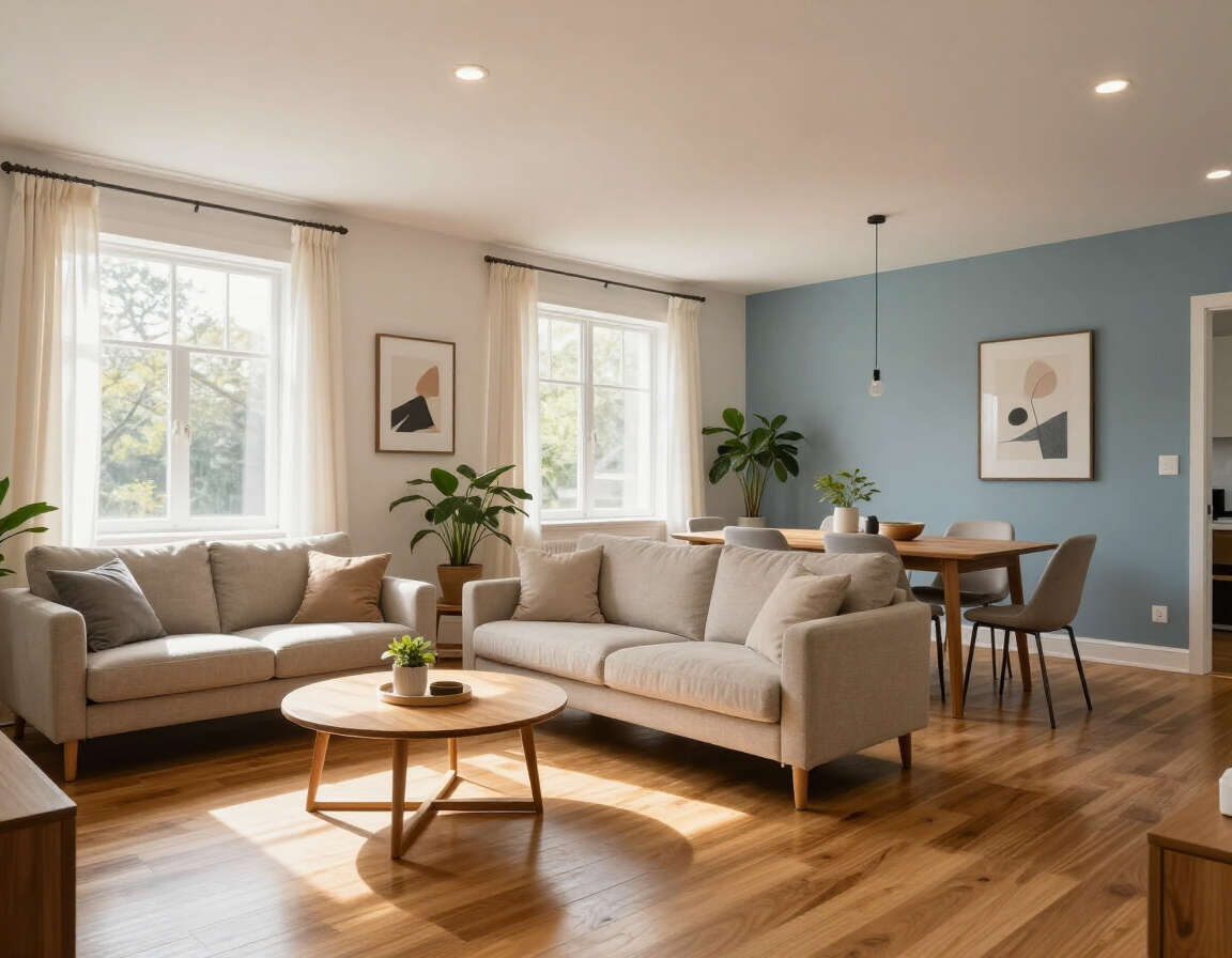 Bright living room with beige sofas, blue accent wall, wood floors, and a dining table by the windows