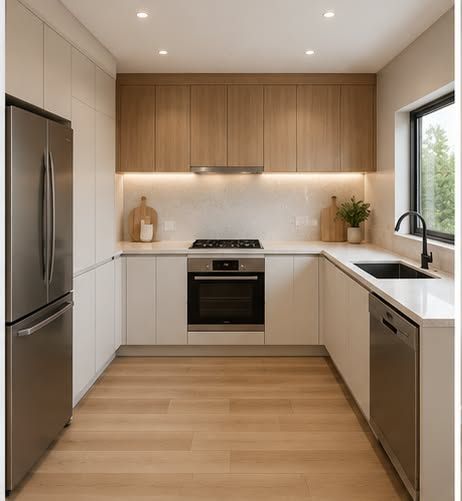 Modern U-shaped kitchen with light wood cabinets, white countertops, stainless appliances, and a window above the sink