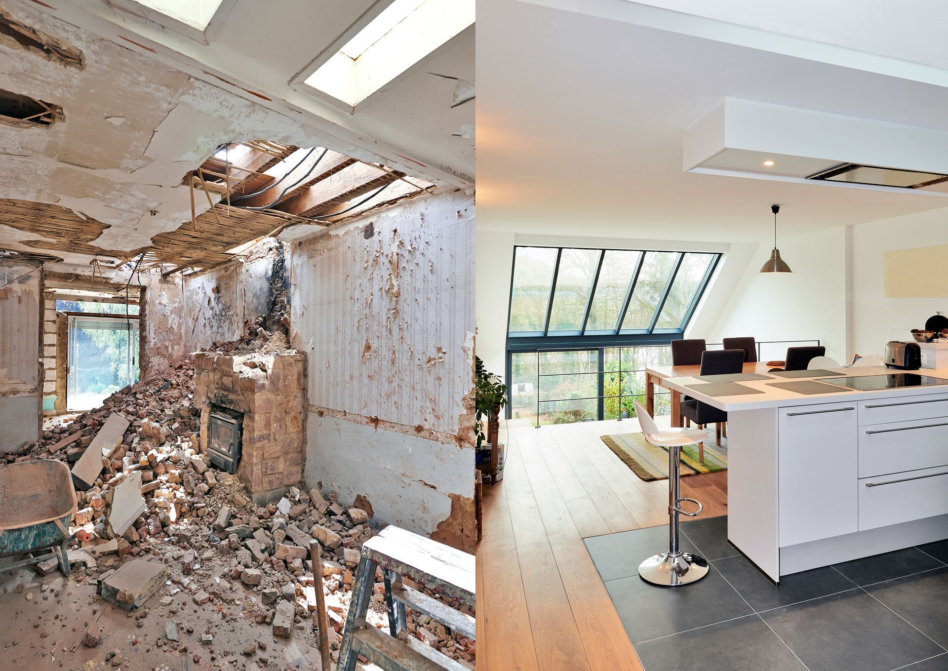 Split-view room renovation: demolished interior on the left, finished modern kitchen on the right.